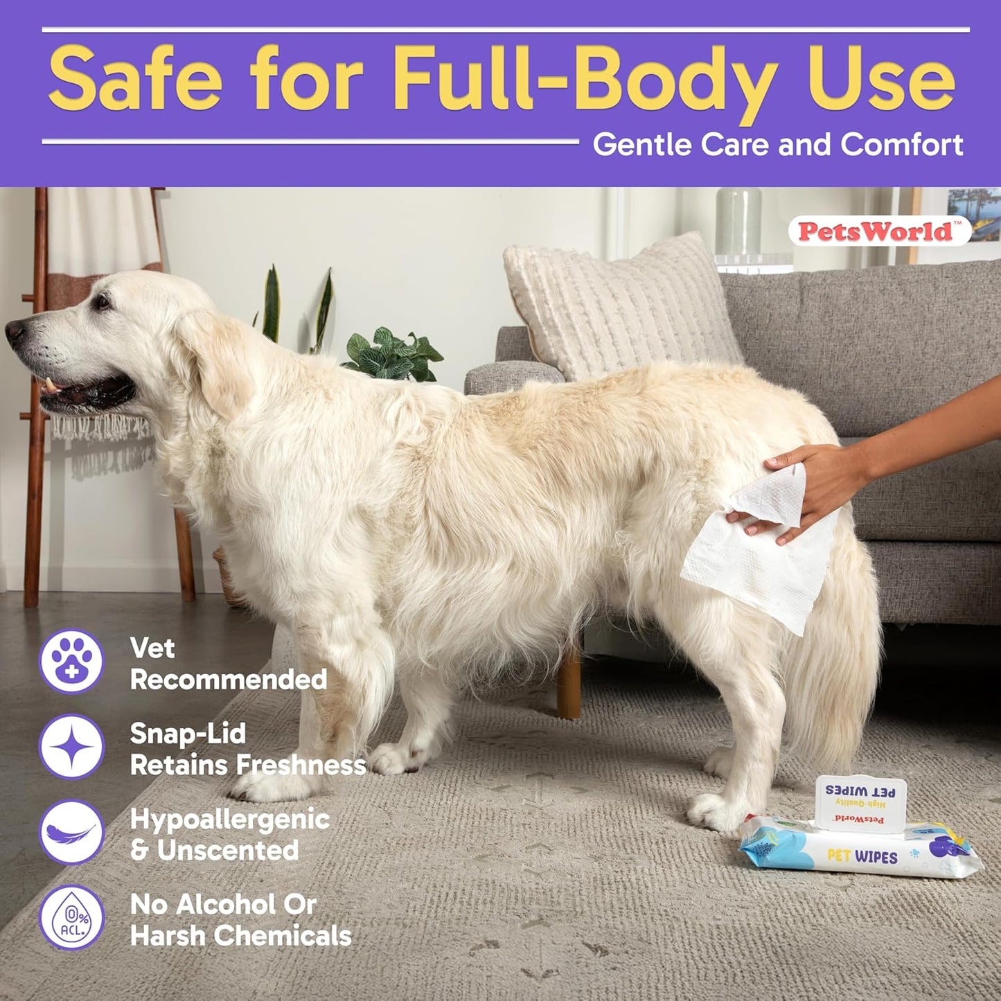 PETSWORLD 3-in-1 Pet Wipes | Hypoallergenic, Unscented & Biodegradable Grooming Wipes for Body, Paws & Butt | Thick, Durable, Daily Use Pet Cleaning Wipes (600 Count)