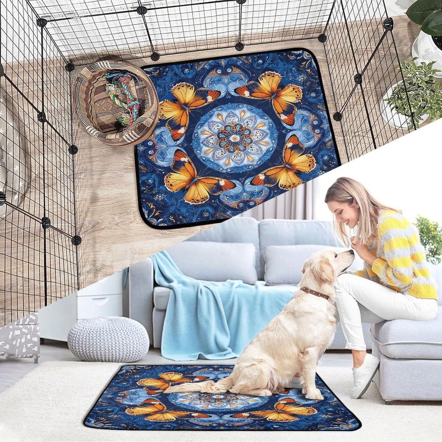 Washable Pee Pads for Pets Yellow Butterfly Blue Mandala Reusable Cats and Dogs Mats
