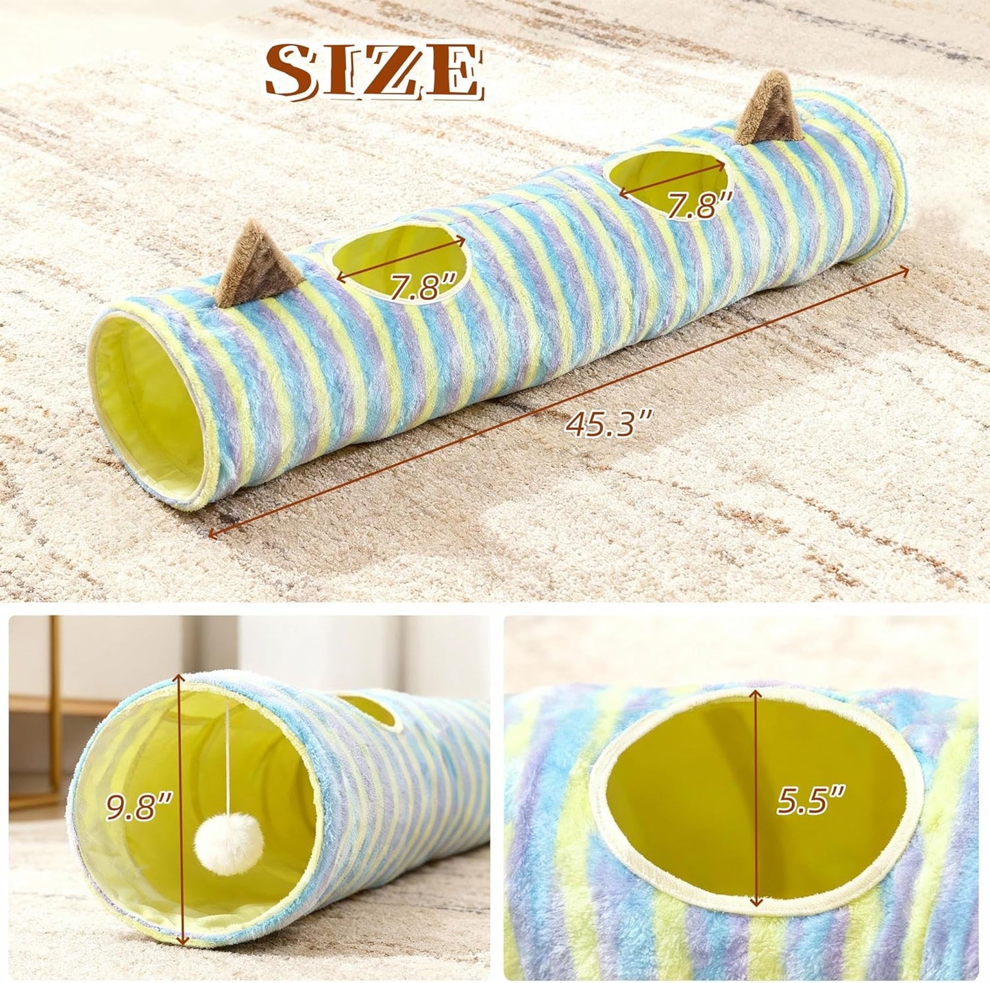 Cat Tunnel for Indoor Cats, Cute Cat Toy Tunnel for Small Large Cats, 45" Straight Cat Tunnel Toys with Balls & Crinkle Paper Ears Collapsible Peekaboo Cave for Kitten, Diameter 9.8" (Colorful Stripe)