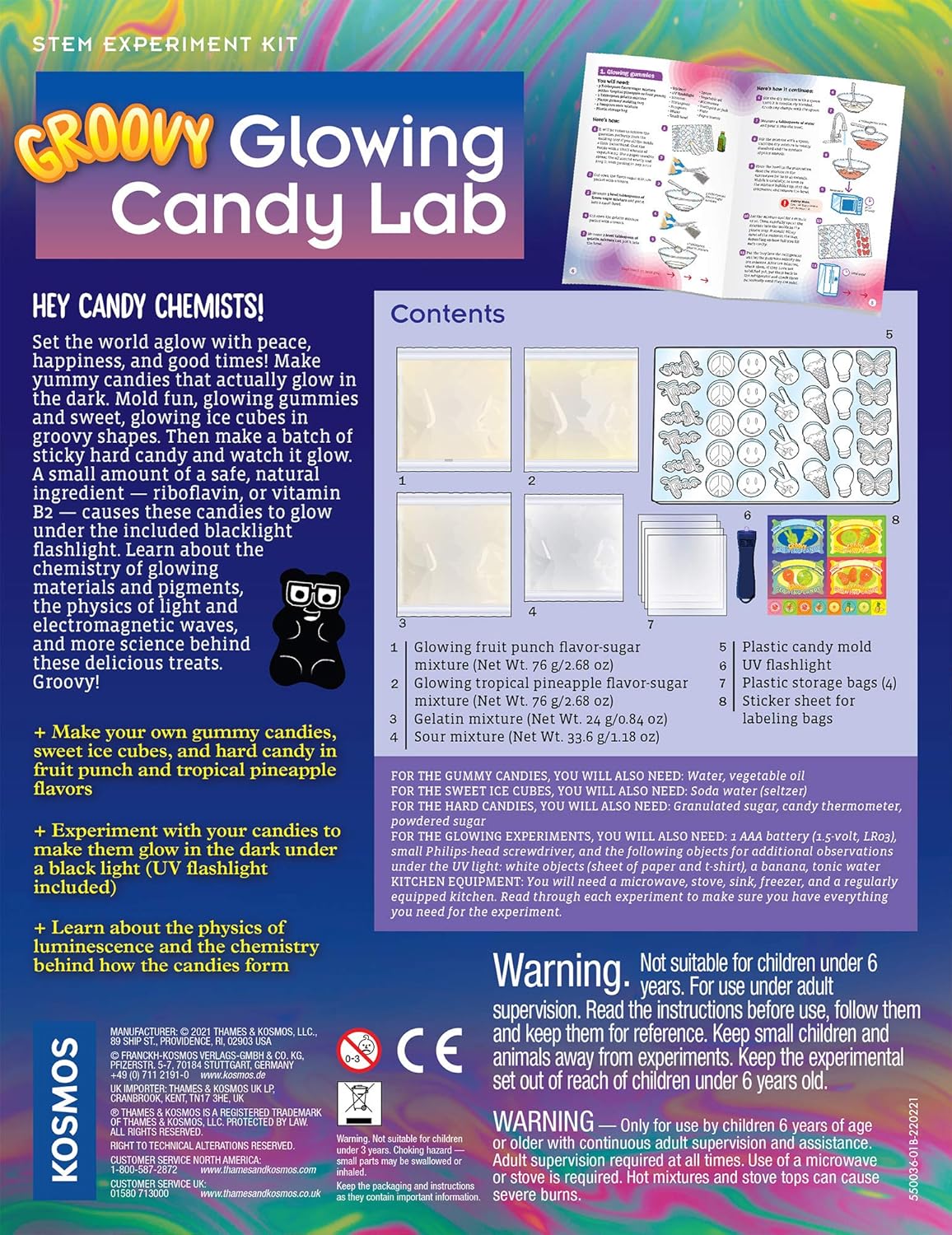 Thames & Kosmos Groovy Glowing Candy Lab STEM Kit | Make Glow-in-the-Dark Candies, Ice Cubes | Explore Luminescence & Chemistry of Gummies | Cool Shapes, Flavors, Safe to Eat | Includes LED Flashlight