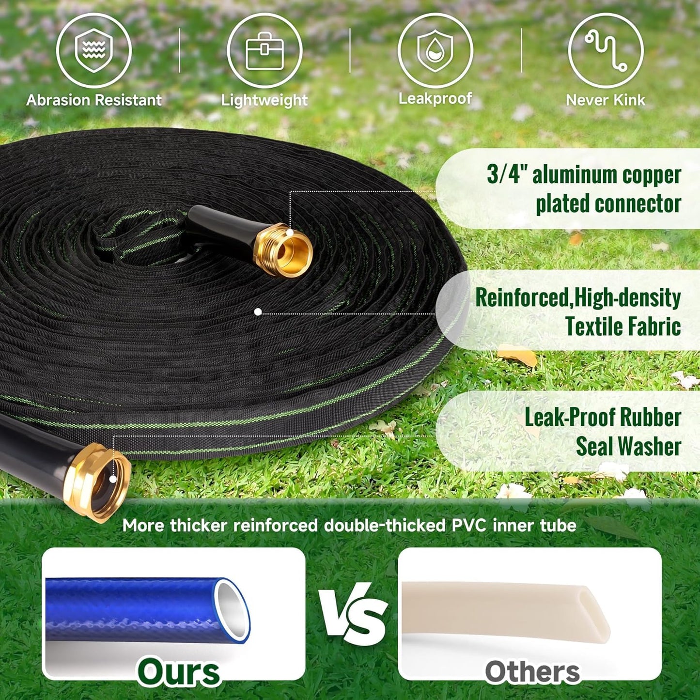 Garden Hose 100ft Flexible Water Hose Non-Expandable High Pressure Kink-Free Leakproof Durable Portable Lightweight Outdoor Yard Lawn Black Fabric Watering Hose with 3/4" Aluminum Fittings