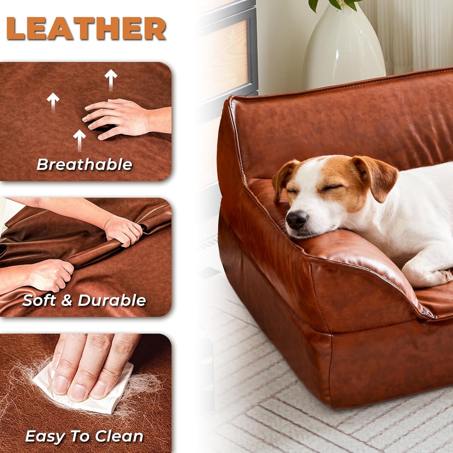 Leather Dog Couch Bed for Small and Medium Dogs Under 50 lbs, Brown Mid Century Modern Elevated Cat Sofa Bed Luxurious Indoor Furniture Style Pet Supplies for Puppy