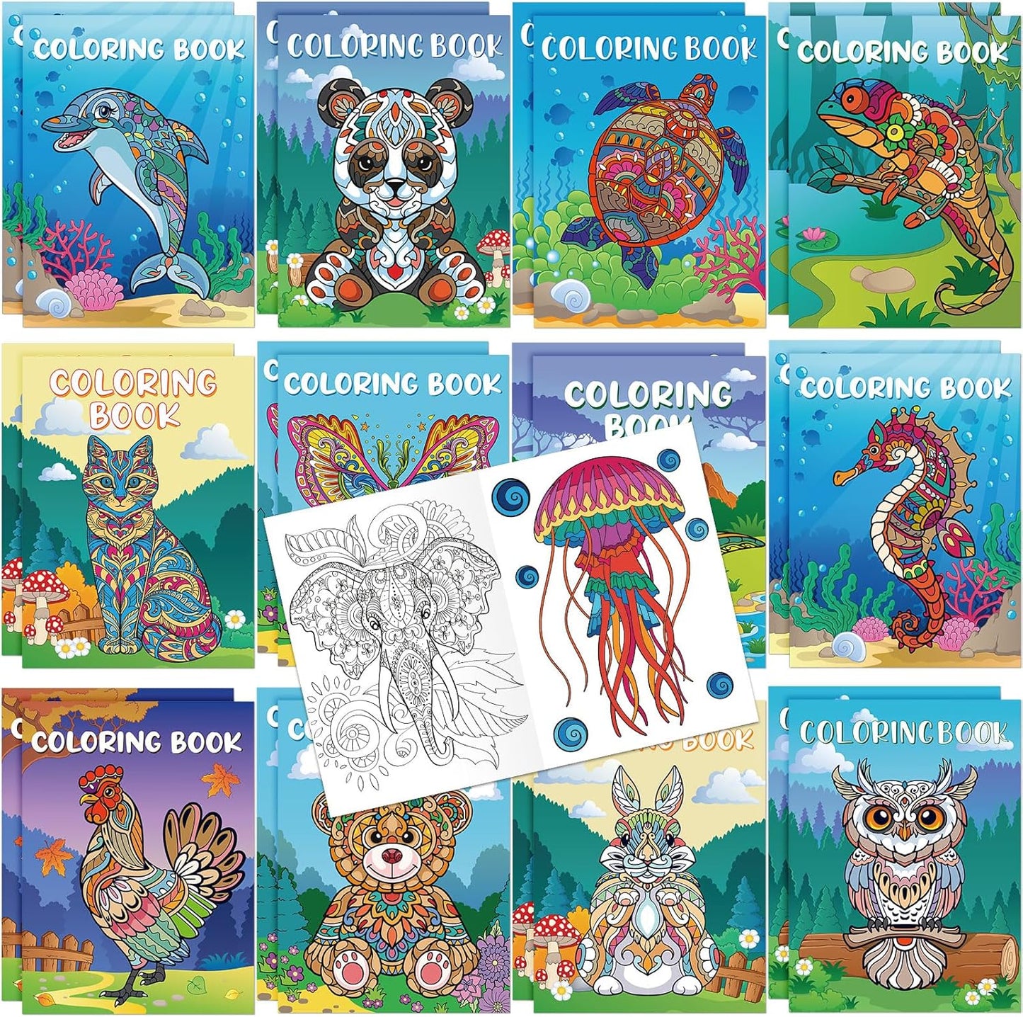 Pasimy 48 Pcs Animals Coloring Books DIY Mandala Ocean Jungle Animal Coloring Book Mini Holiday Activity Supplies for Kids Adult Party Favors Gift Bags Filler Classroom Activity