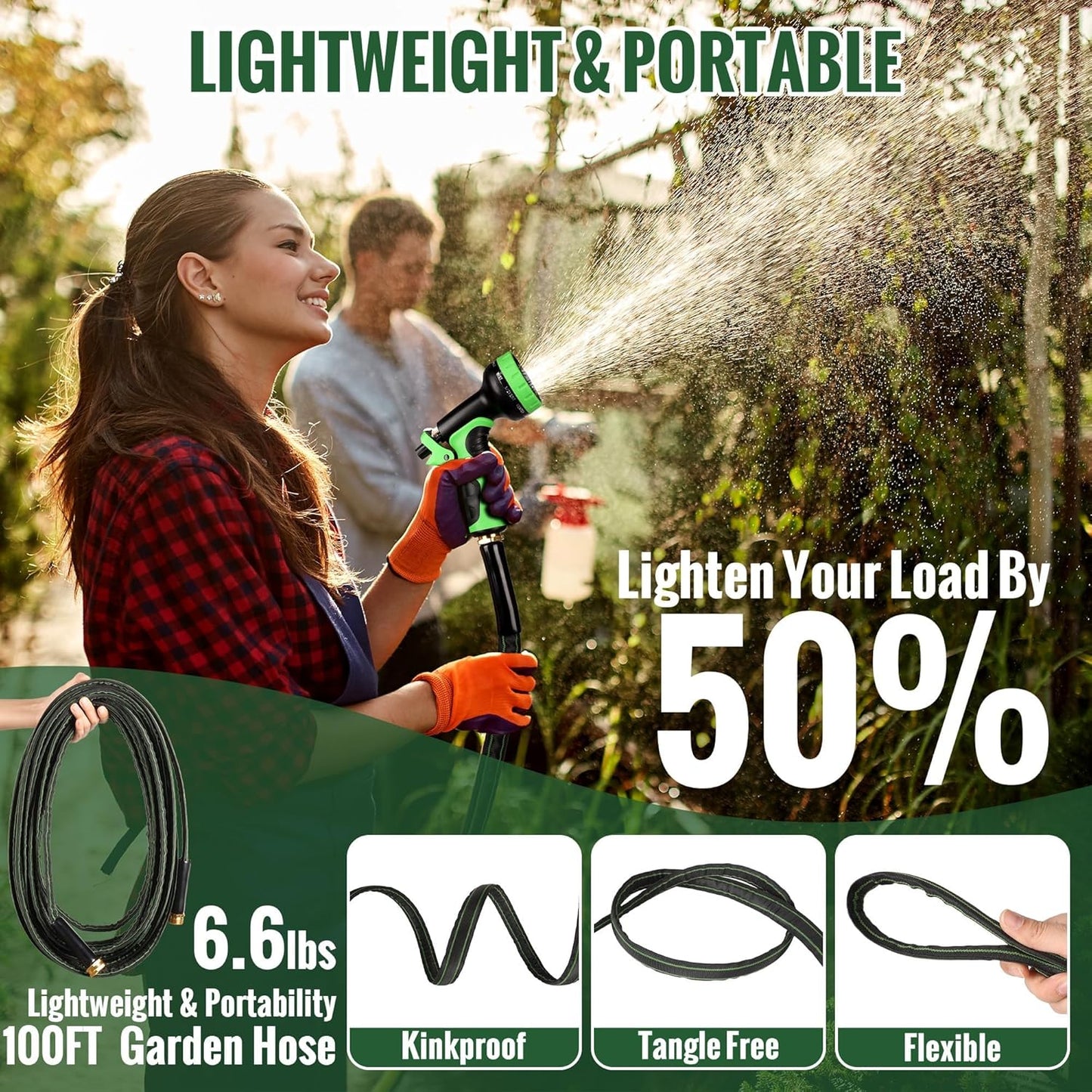 Garden Hose 100ft Flexible Water Hose Non-Expandable High Pressure Kink-Free Leakproof Durable Portable Lightweight Outdoor Yard Lawn Black Fabric Watering Hose with 3/4" Aluminum Fittings