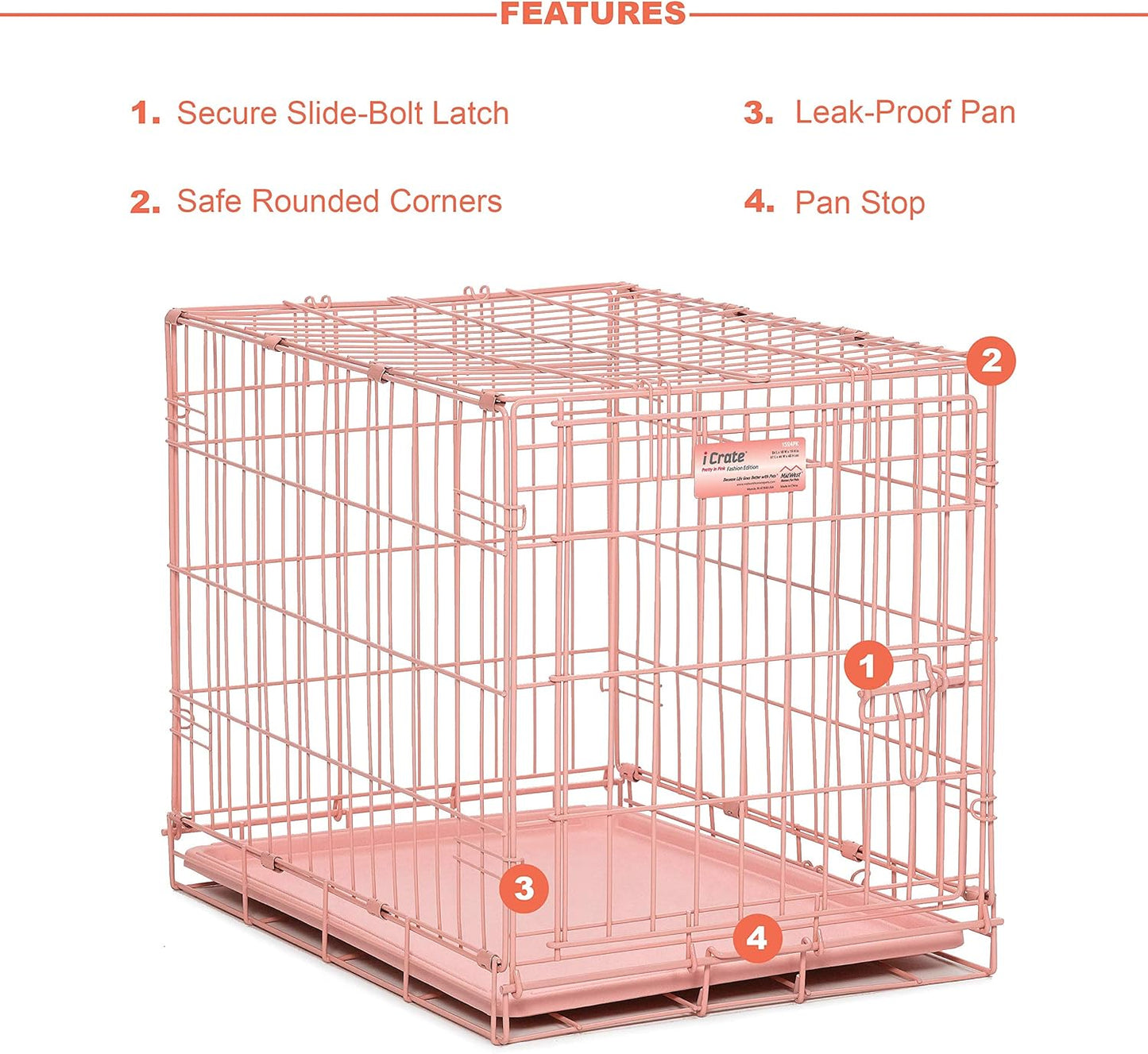 MidWest Homes for Pets 24-Inch Pink Fashion iCrate for Small Breeds, 12-20 lbs, Single Door Folding Dog Crate with Divider Panel, Leak-Proof Tray & Secure Latch, Portable, Durable & Easy to Assemble