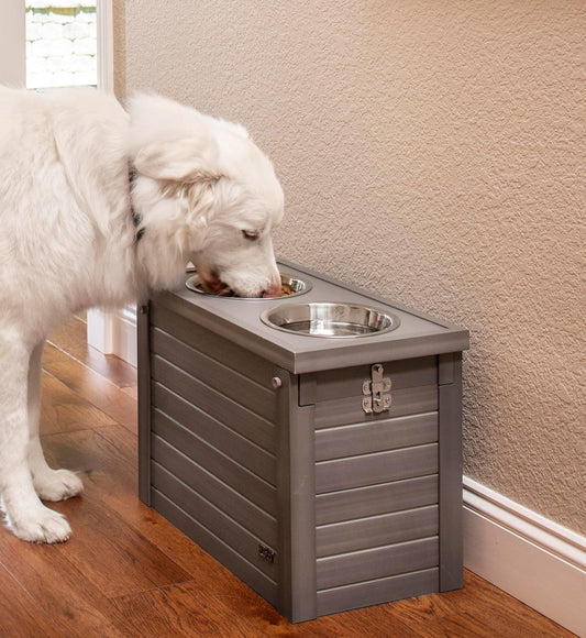 New Age Pet ECOFLEX Piedmont 2-Bowl Elevated Dog Feeder with Sliding Lid Storage Bin - Grey, Ideal for Small Spaces and Taller Dogs, Easy to Clean and Assemble, Non-Toxic and Moisture Resistant