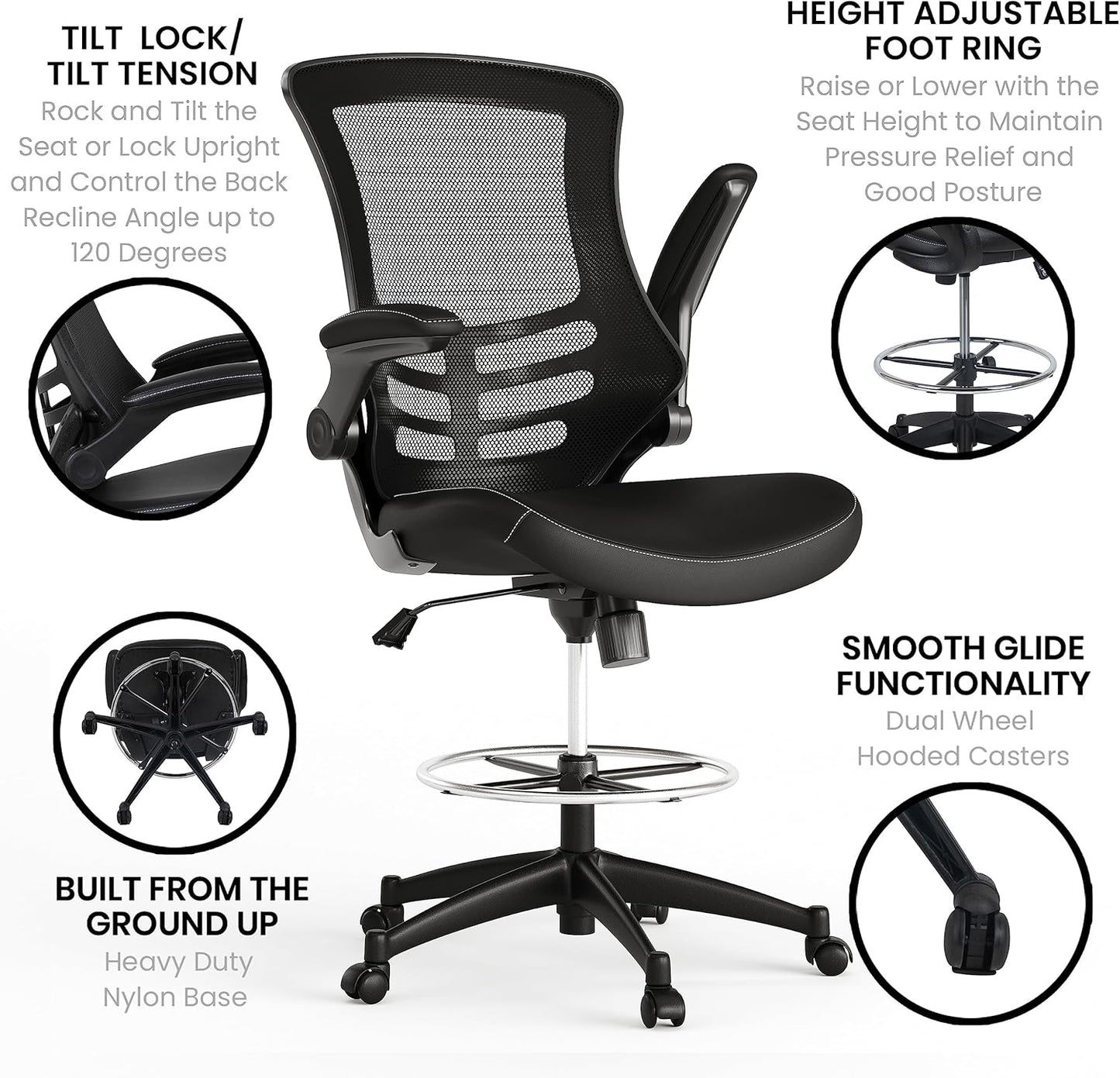 Flash Furniture Kelista Mid-Back Swivel Office Chair with Adjustable LeatherSoft Seat Height, Ergonomic Mesh Chair with Flip-Up Arms, Black
