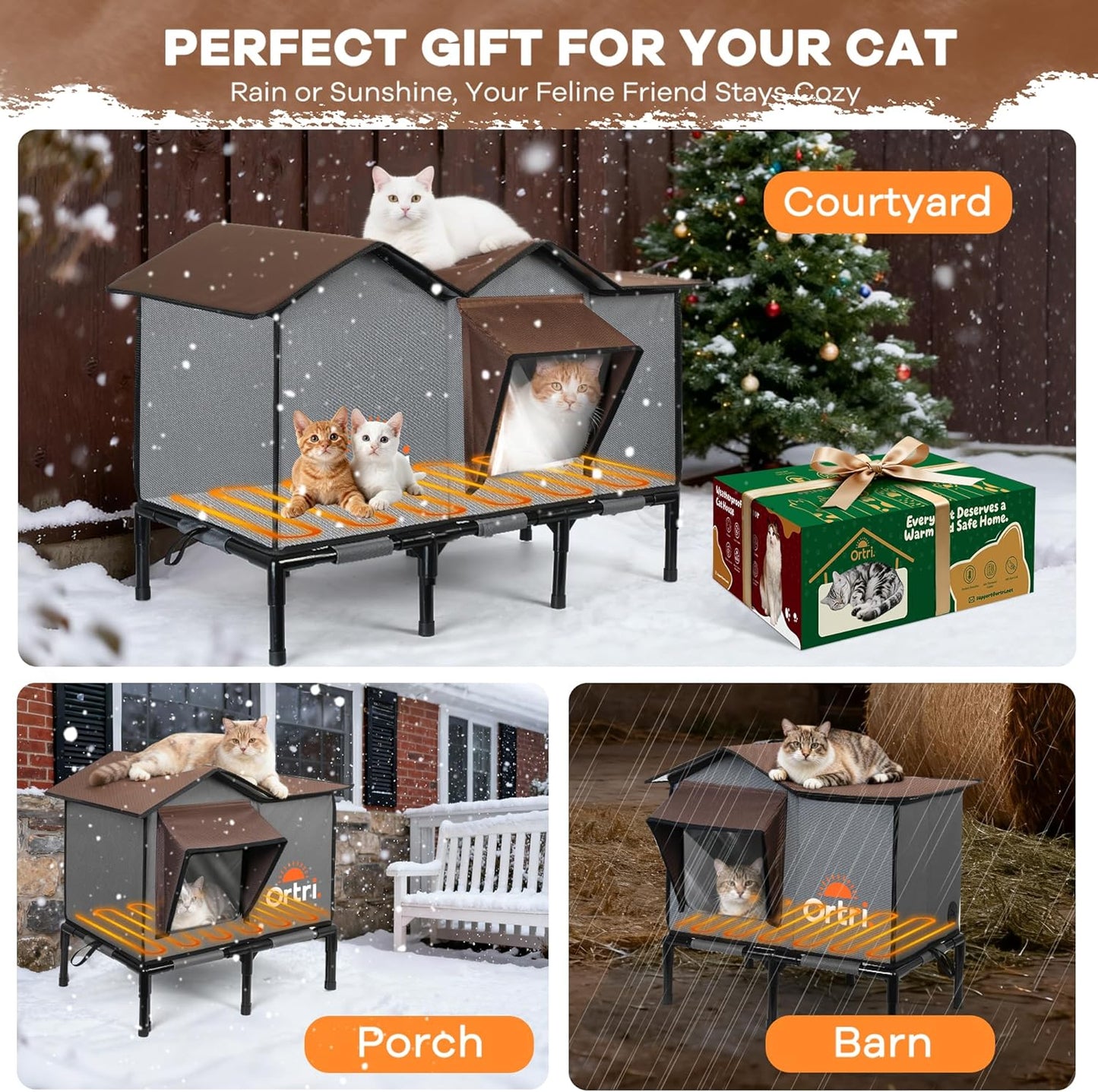 Outdoor Heated Cat House for Outside: Winter Insulated Weatherproof 30"×14"×20" Shelter with Extra Large Elevated Warm Heater and Waterproof Heating Bed for Multiple Feral Kitties Small Pets for Barn