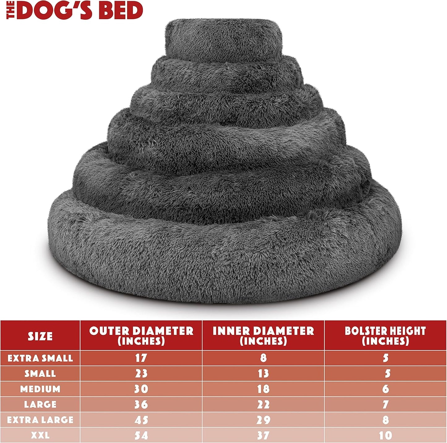 The Dog’s Bed Calming Donut Dog Bed, Plush Faux Fur Round Cuddler Nest, Removable Washable Zip Cover – XXL (54"), Grey