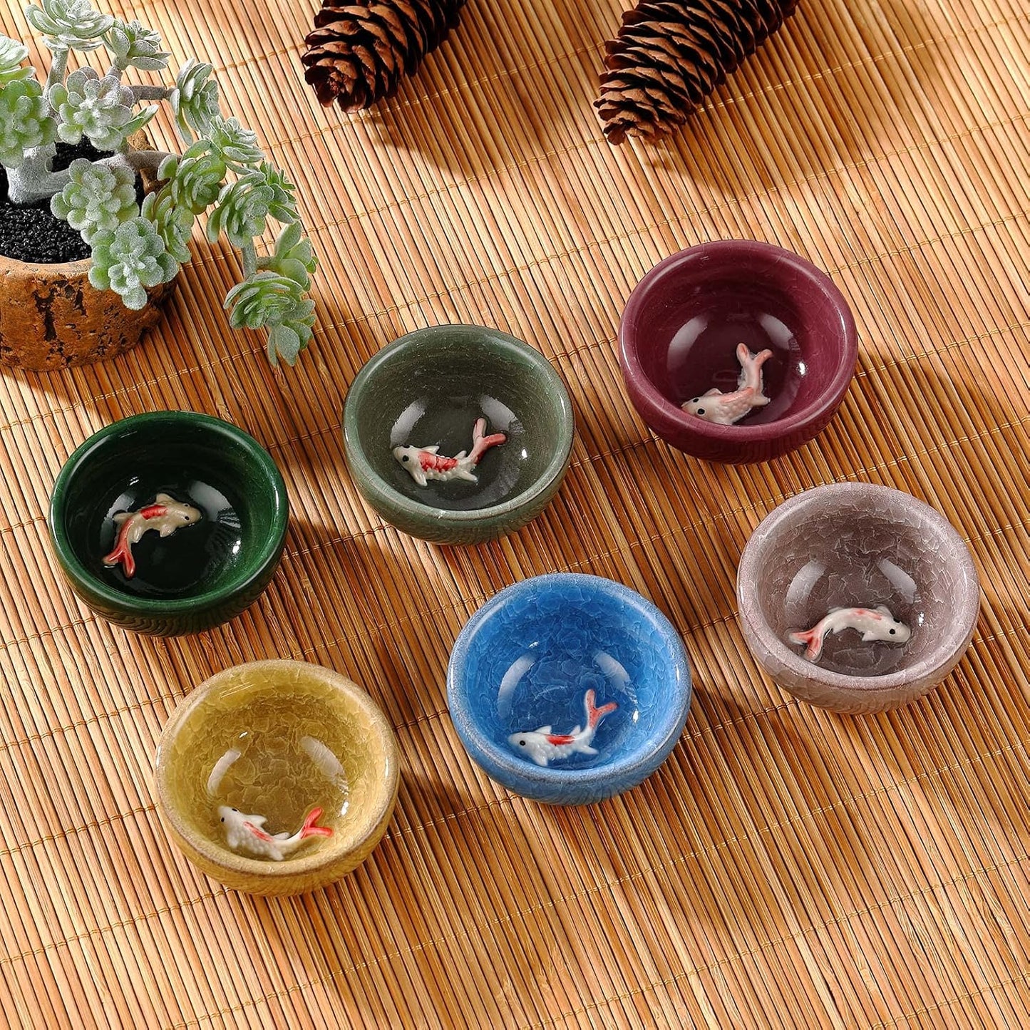 Skyley 6 Pieces Korean Soju Shot Glasses Sets Porcelain Cups Korean Ceramic Cups Tea Accessories Drinkware, Handcrafted Ceramic(Colorful,Koi Fish Pattern)