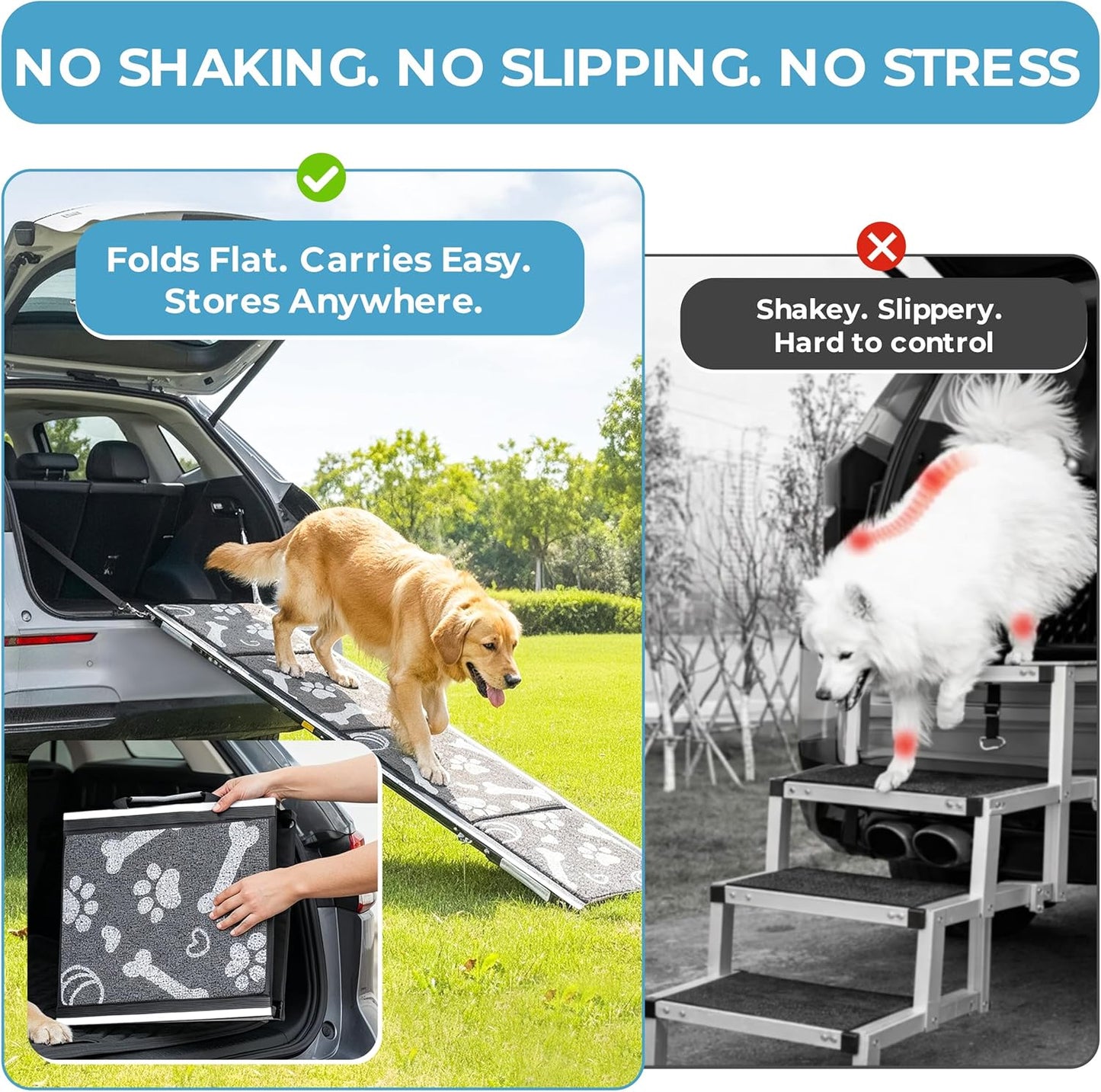 Dog Ramp for Car, SUV & Truck, 71" Long x 20" Wide, Extra Side-Strap Stability System, Non-Slip Quad-Fold Pet Ramp for Large Dogs, 250 lb Capacity (Paw Print Design)