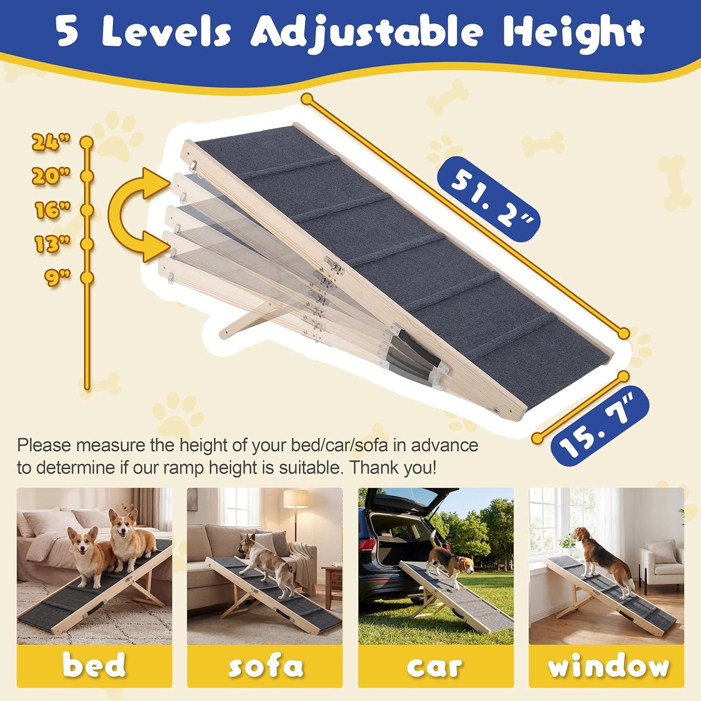 Dog Ramp for Bed & Couch - Extra 51.2" Long Adjustable Height 9.5" to 24" Wooden Non-Slip Pet Ramp, Portable Foldable Doggie Car Ramp for Small Medium Large Dogs, 200 LBS Load