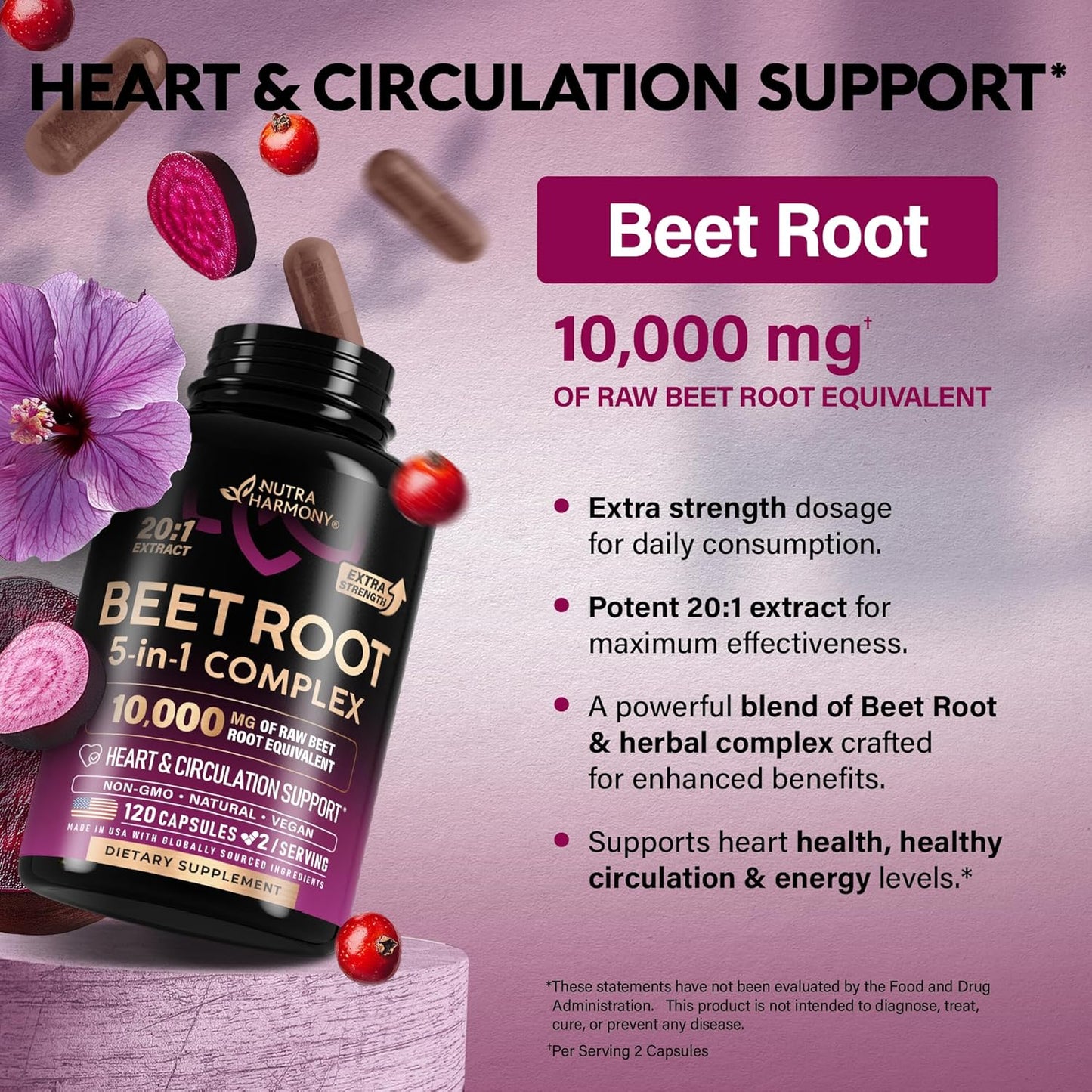 Beet Root 5-in-1 Complex Capsules - Healthy Blood Pressure Support Supplement** for Heart & Circulation Support - Olive Leaf, Hawthorn Berry & Hibiscus - for Men & Women - Made in USA, 120 Capsules