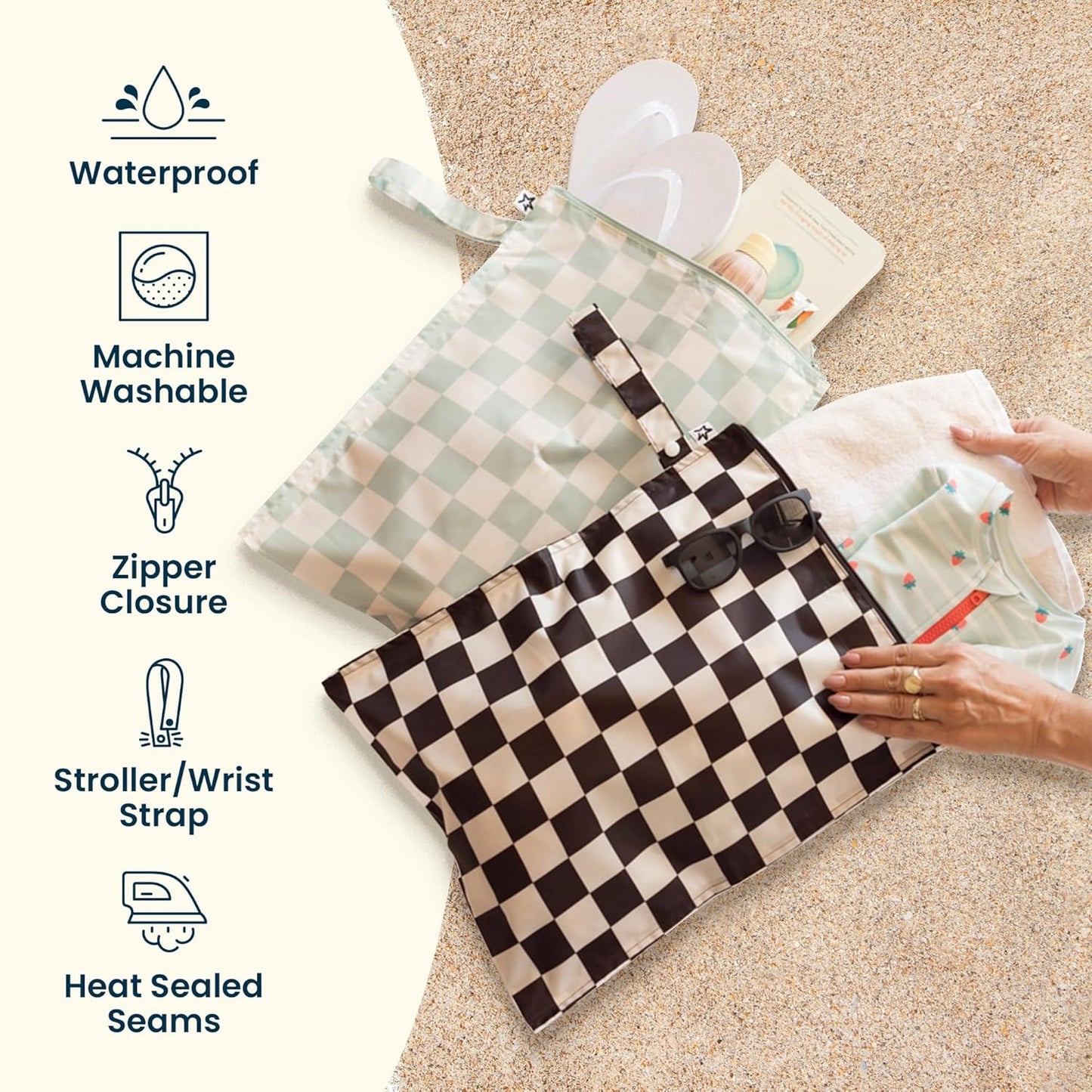 Tiny Twinkle Mess Proof Wet Bags | 2-Pack Reusable Waterproof Wet Bags for Swimsuits | Baby Clothes | Travel & Diaper Bag (Pink, Brown Checkers)