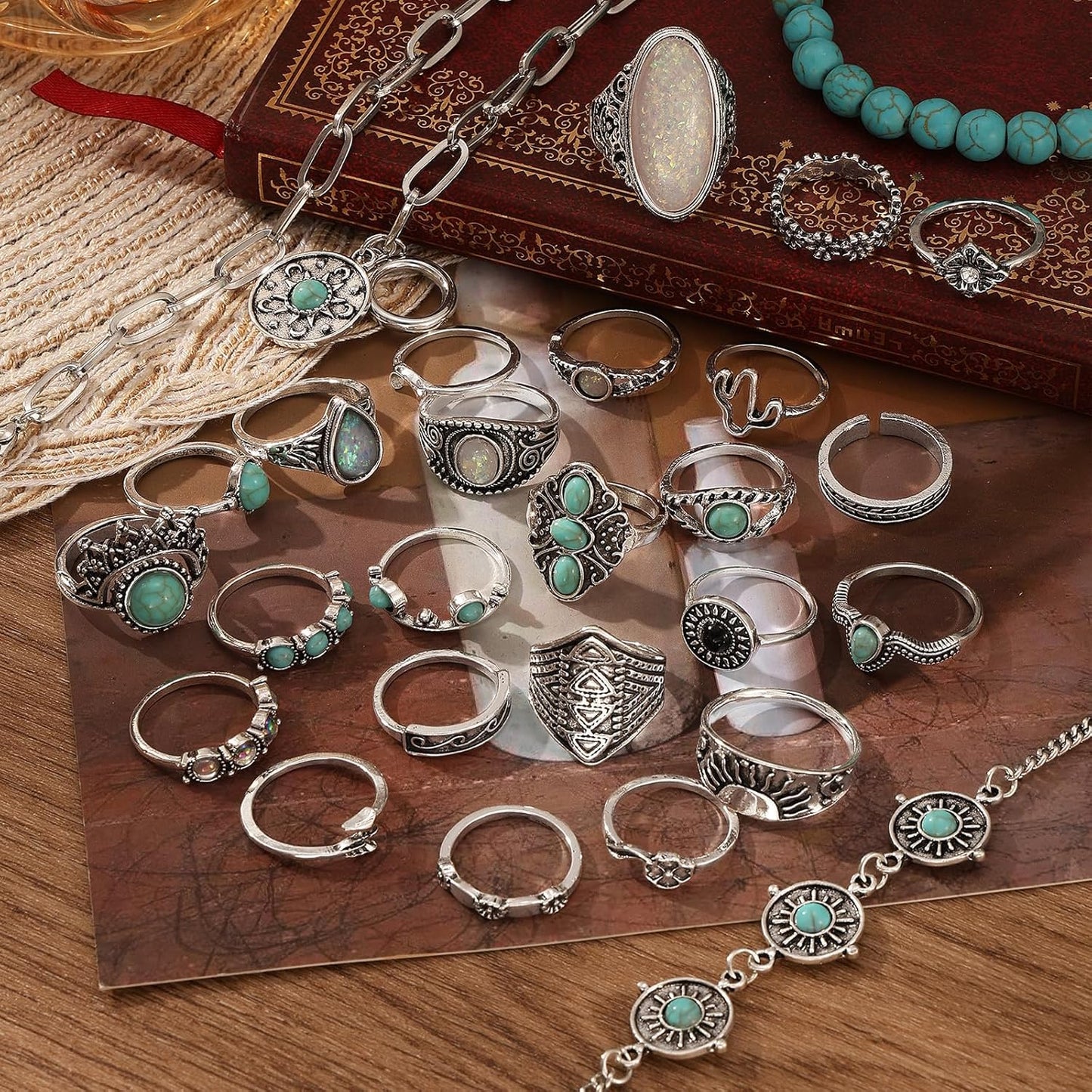 IFKM Bohemian Jewelry Set With Turquoise Necklace, Dangle Earrings, Stackable Bangle Bracelets, Knuckle Rings For Women Vintage Western Boho Turquoise Anniversary Birthday Friendship Gift