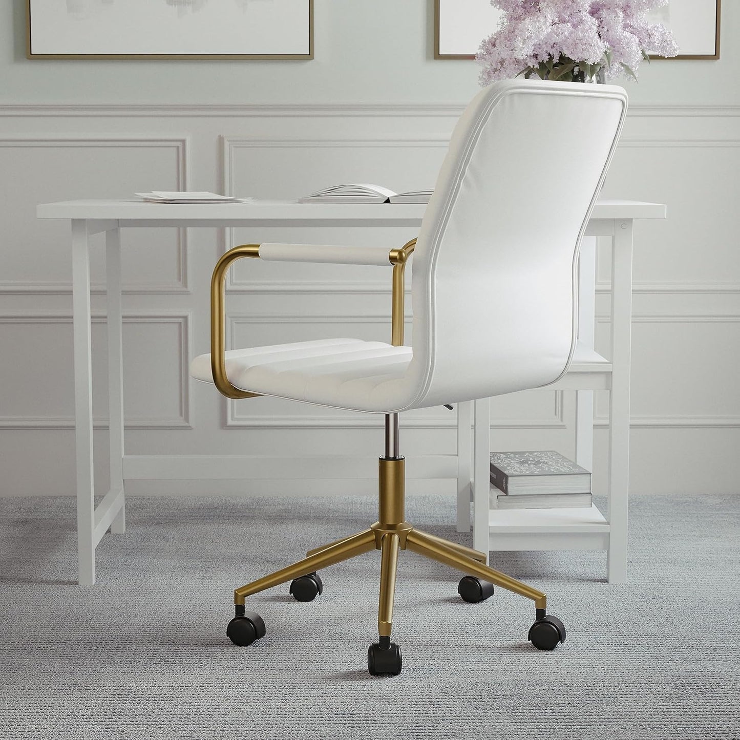 Martha Stewart Taytum Swivel Task Chair with Armrests for Home Office in White Faux Leather with Polished Brass Frame