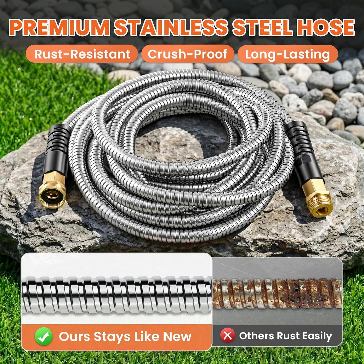 Cesun 100 ft Metal Garden Hose, Stainless Steel Heavy Duty Water Hose With 10 Function Nozzle, No Kink & Flexible, Lightweight and Durable, Rust Proof for Yard, RV, Pet Bath, Outdoor, 100 foot x 5/8"