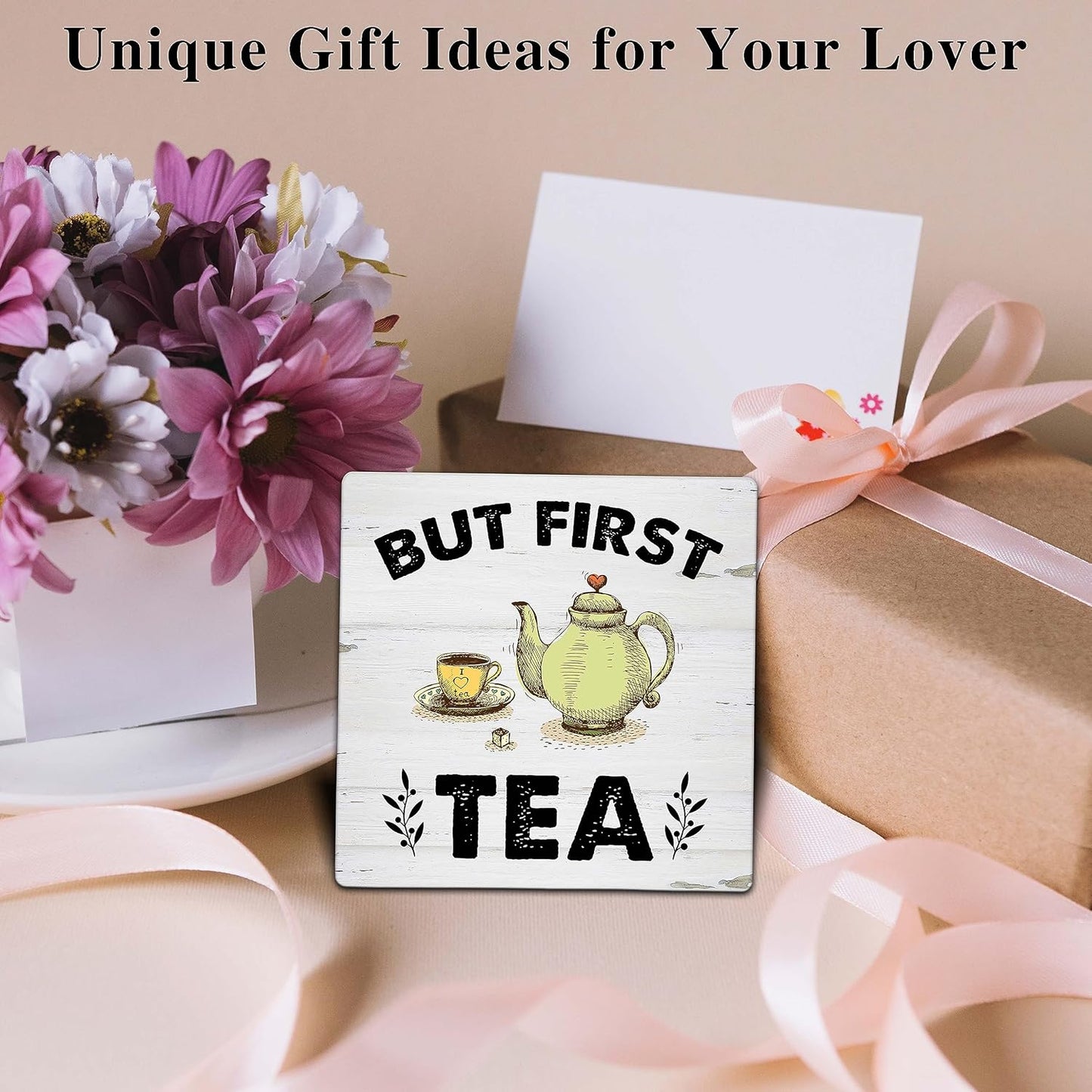 ONDTOM But First Tea Wooden Sign, Teapot and Teacup Wood Plaque with Support Stand, Kitchen Home Office Tea Room Decor - B89
