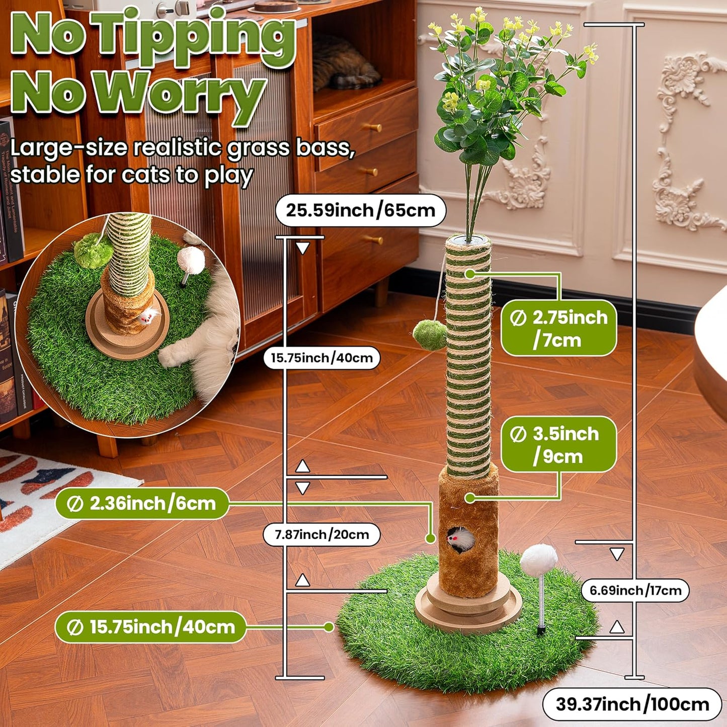Cat Scratching Post 39'' Tall with Interactive Ball & Mouse Hole for Indoor Adult Cats, Sisal Rope Cat Tree Tower, Kitty Scratcher Furniture with Artificial Grass Tree for Kittens Cat Toys
