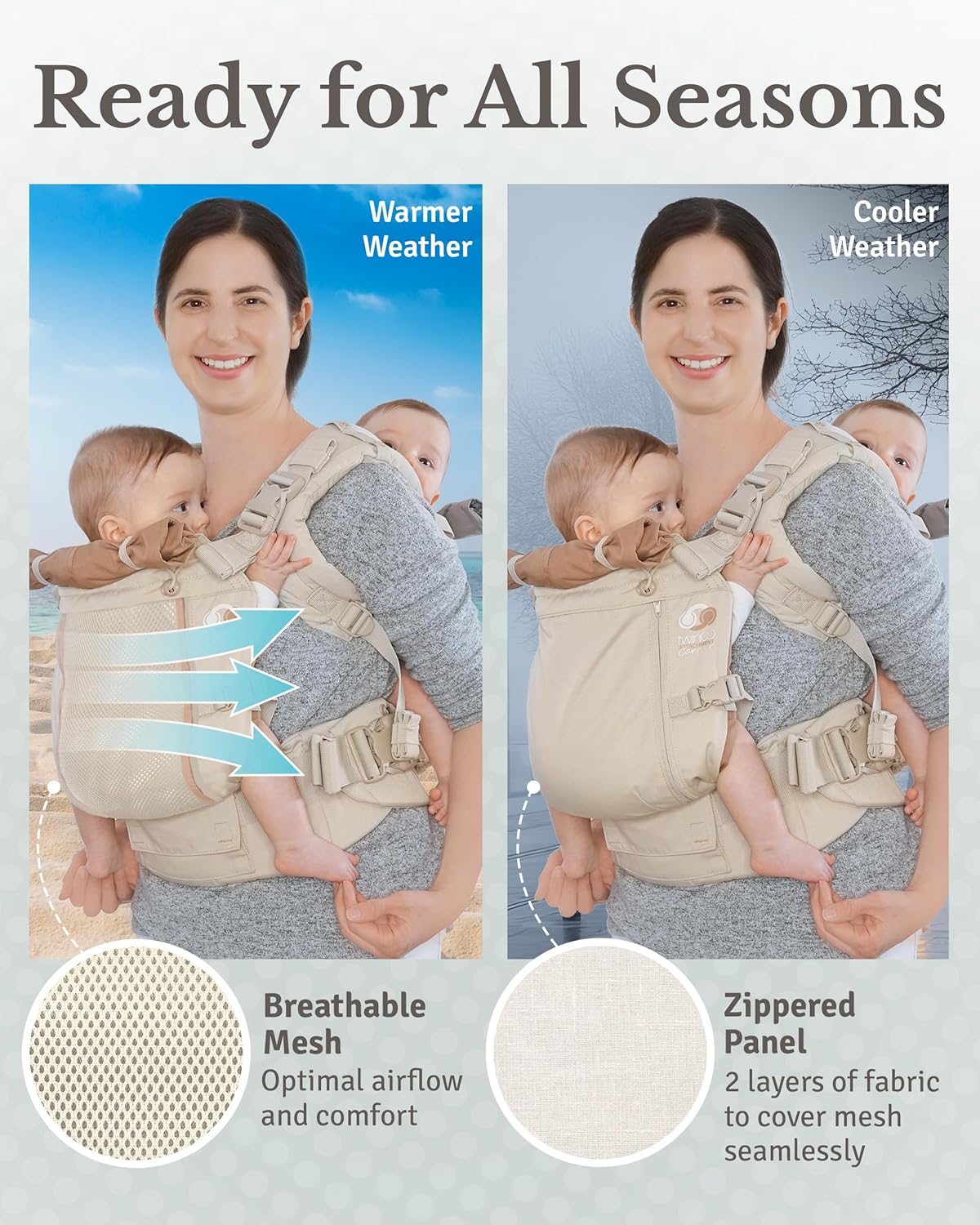 TwinGo Carrier - Breathable Twin Baby Carrier That Separates into 2 Baby Carriers, Adjustable Twin Carriers for Babies and Toddlers (10-45 lbs), Fits Adults XS-XXL - Air Model, Simply Neutral