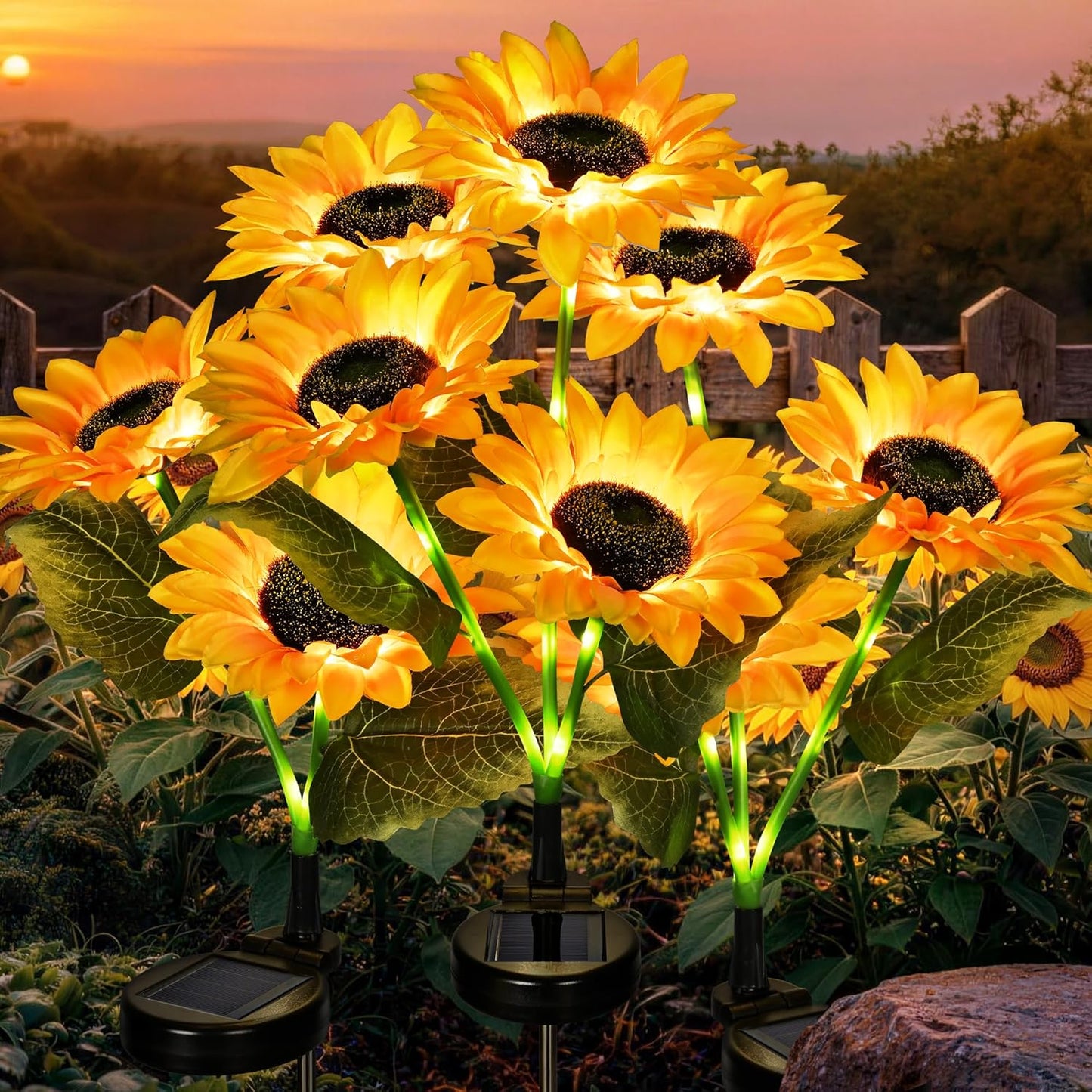 GIGALUMI Solar Garden Lights Artificial Flowers, LED Garden Decor Carefree Sunflower Solar Lights Outdoor Yard Decorations Outdoor, Everlasting Sunflower Decor Gift for Outside Yard Patio (Set of 3)
