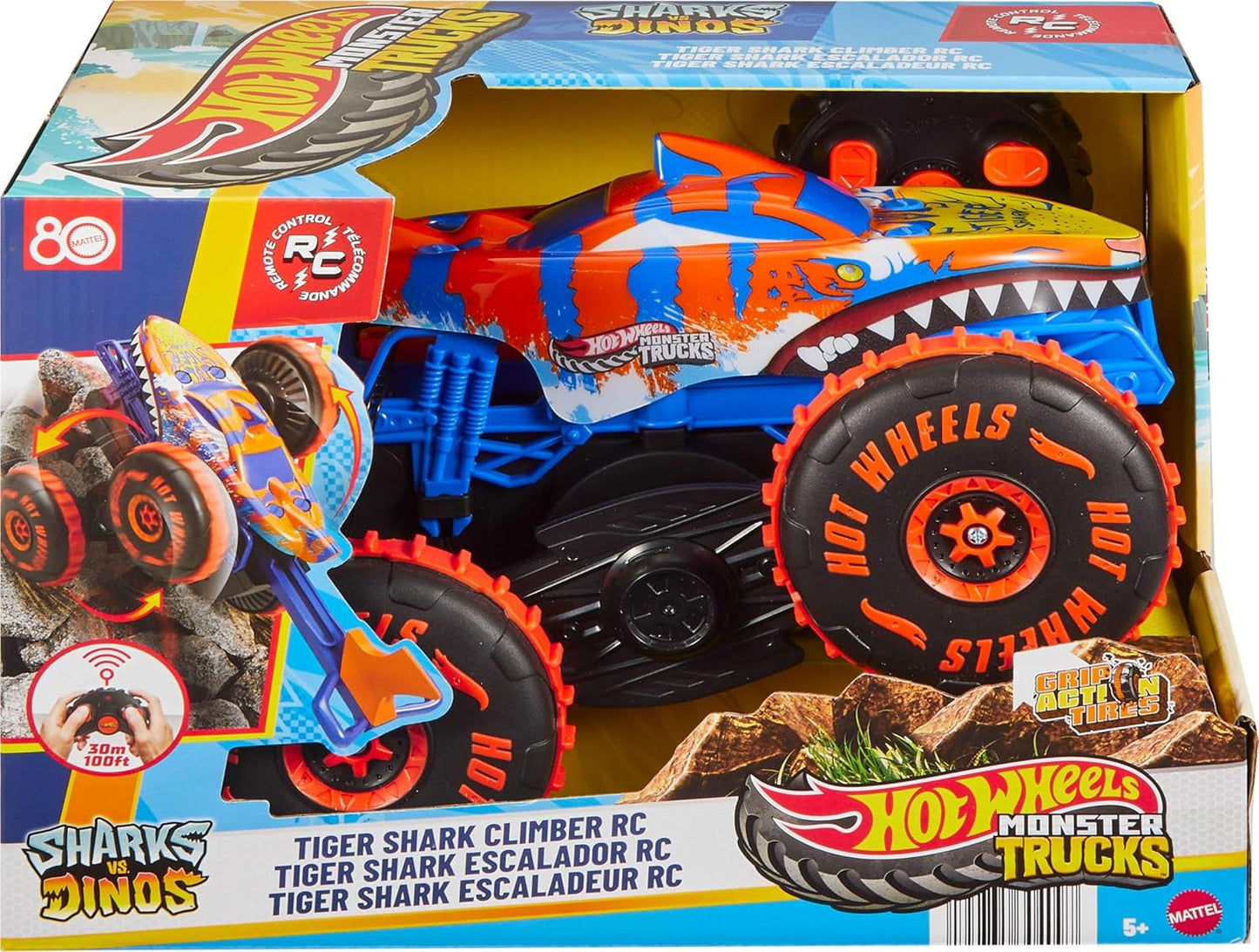 Hot Wheels Monster Trucks Remote Control Toy Vehicle, Large-Scale RC Tiger Shark Climber with 3 Modes of Play for Racing, Climbing & Stunting