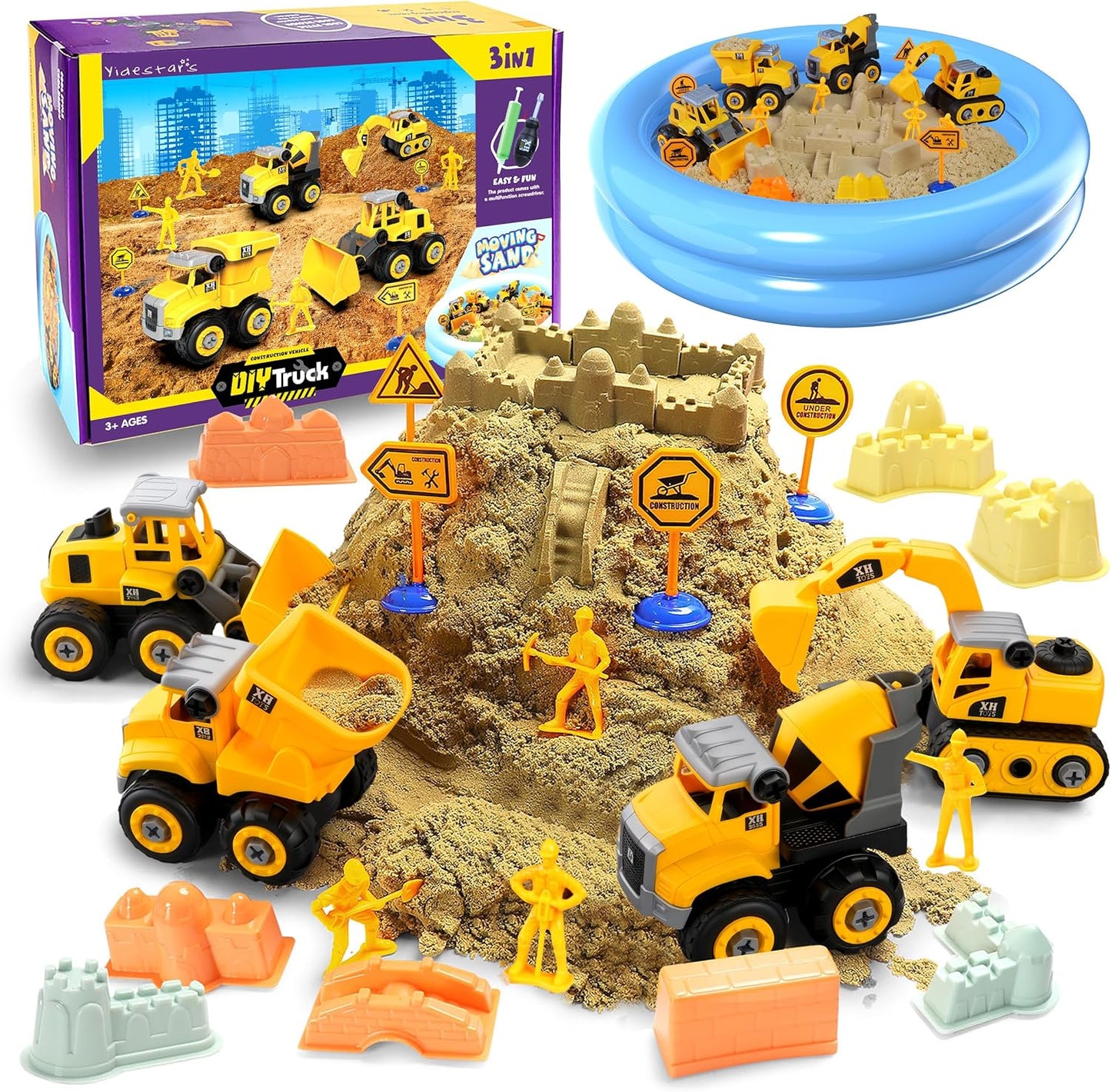 Play Construction Sand Kit,2.2lbs Magic Sand W/4 Large Take Apart Construction Trucks,1 Sandbox,8 Worker Figures and Road Signs,8 Molds,Toys for 2-8 Years Old Boys Girls