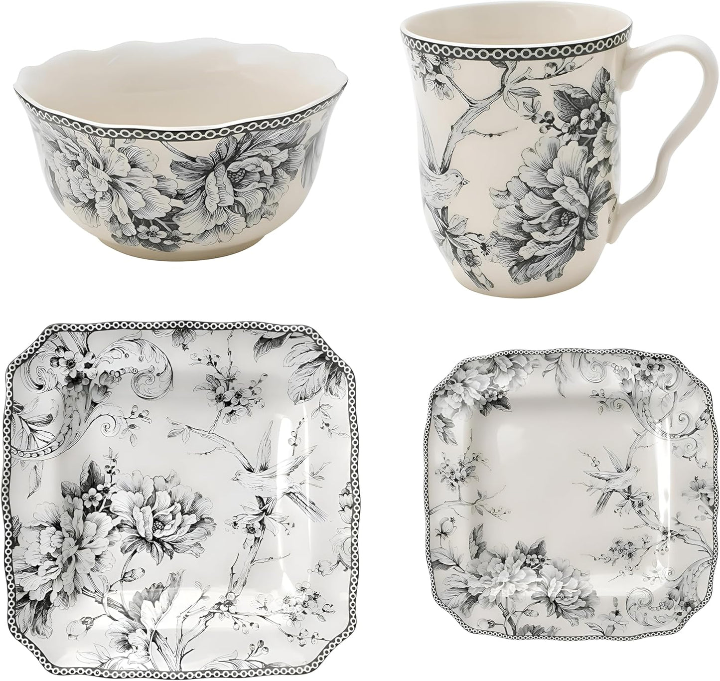 222 Fifth Adelaide 16-Piece Square Floral Dinnerware Set – Service for 4, Grey & White Porcelain Plates & Bowls, for Everyday Dining & Entertainment, Microwave & Dishwasher Safe, Chip Resistant