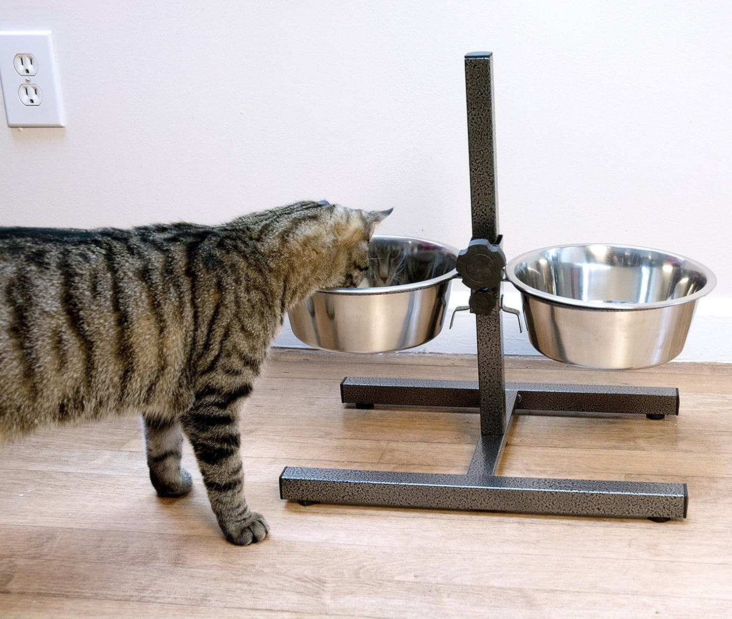 Iconic Pet Adjustable H-Design Double Diner - Non-Skid Rubber Base Noise Free Stable Dog Food Stand with 5 Quart/ 160 oz Stainless Steel Elevated Dog Food Bowls for Proper Growth & Digestion