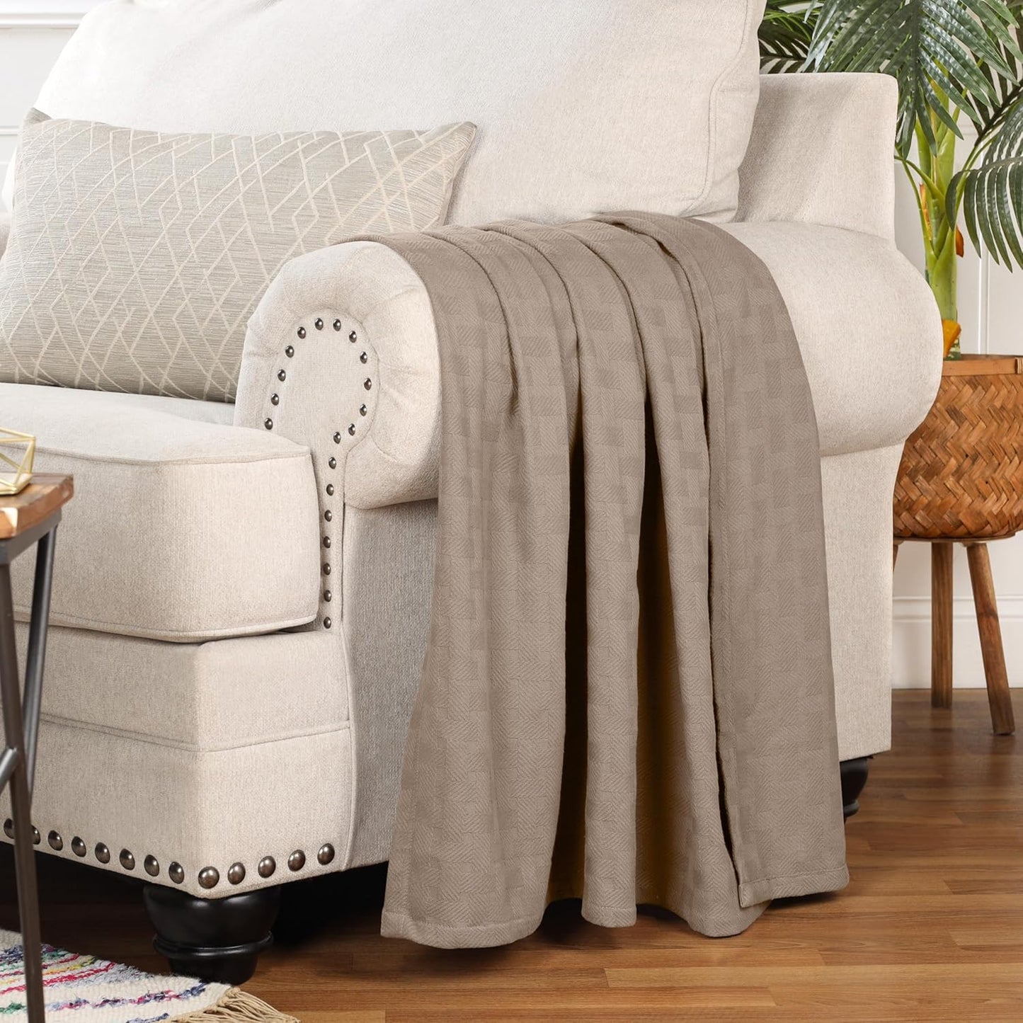 Superior Basketweave Cotton Blanket, Basket Weave Design, Soft, Comfy Cover for Bed, Bedding, Bedroom, Couch Throw, Lounging, Modern Boho Medium Weighted Blankets, Full/Queen, Khaki