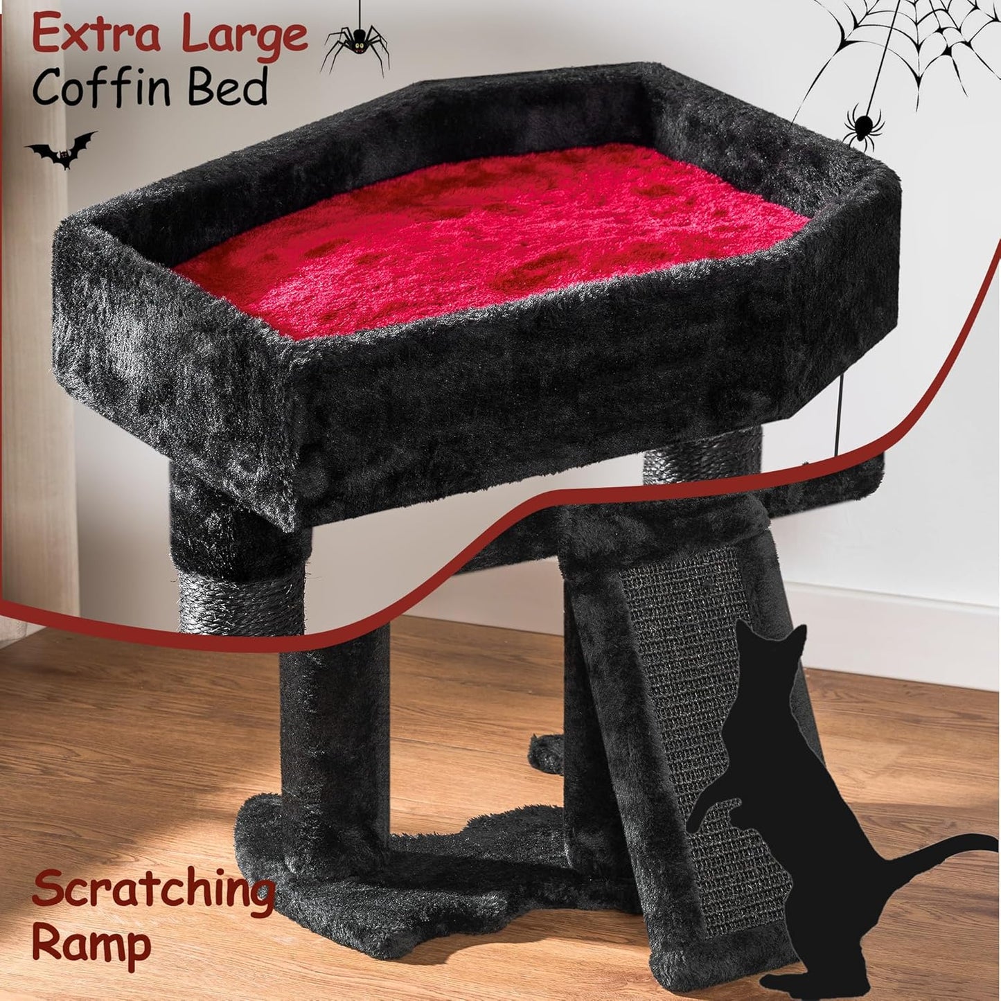 BEWISHOME 33.6in Cat Tree Tower for Indoor Gothic Cat Trees with Coffin Bed, Cat Condo Cat House with Scratching Posts, Cat Shelves with Spider Toy, Pet Play Activity Center Black with Red, MMJ95R