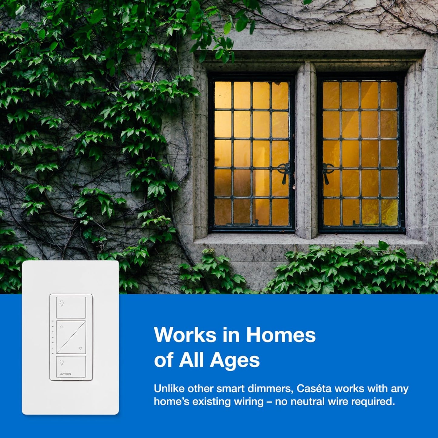 Lutron Caseta Original Smart Dimmer Switch (Lutron Smart Hub Required), for LED Lights, 150 Watt, Single-Pole/3-Way, No Neutral Required, PD-6WCL-WH, White