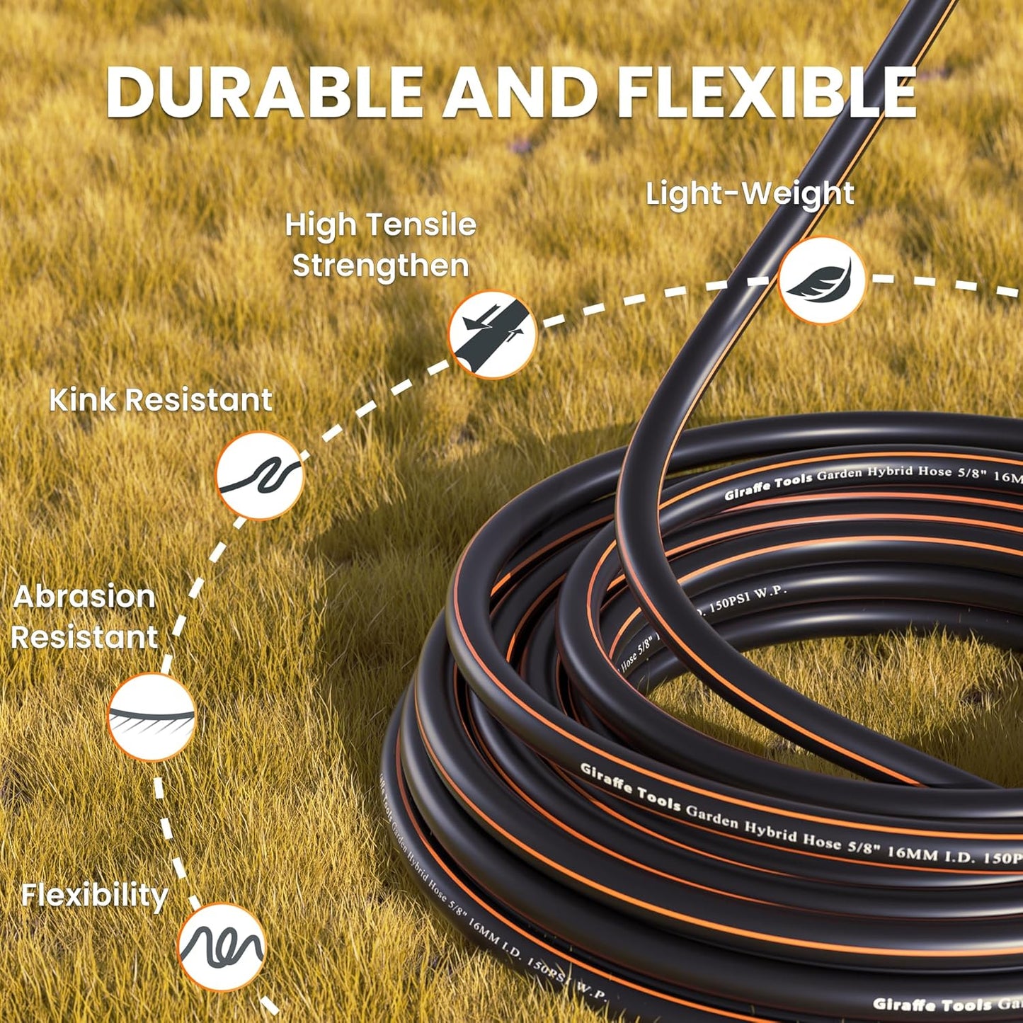 Giraffe Tools Garden Hose 5/8", Water Hose Heavy Duty, Flexible, Lightweight Hybrid Hose with Swivel Handle, 50ft Male to Female Fittings, Burst 600 PSI