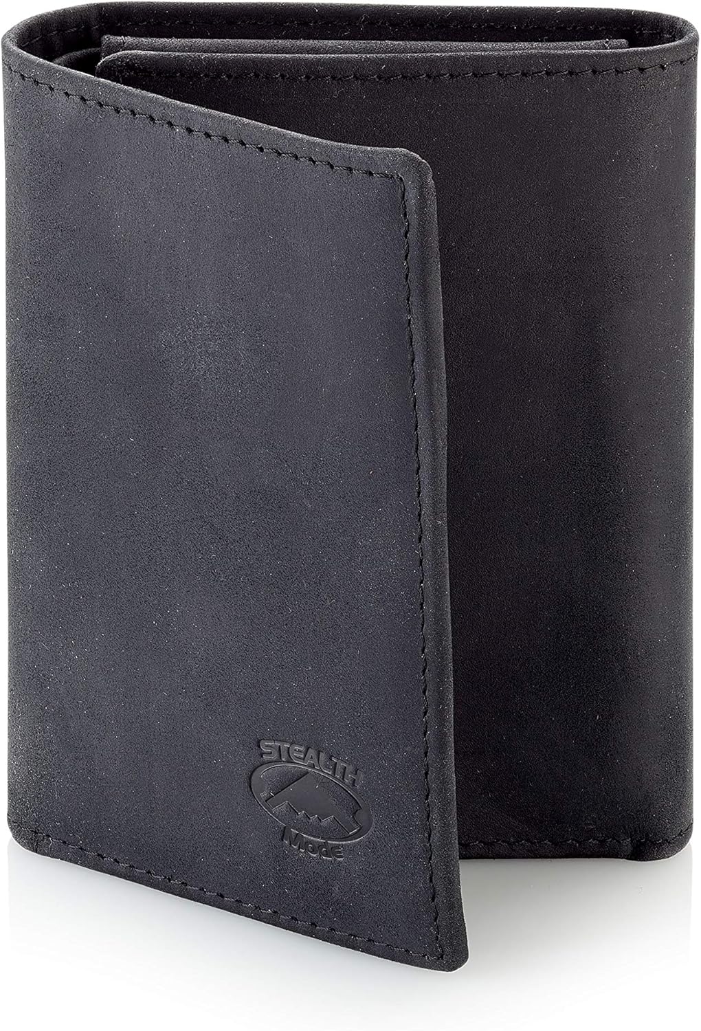 Stealth Mode Trifold Leather Wallet for Men with ID Holder and RFID Blocking (Black)