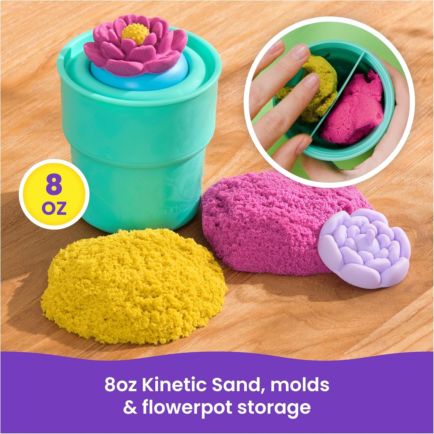 Kinetic Sand, SquishBlossom Blooming Flower, Easter Basket Stuffers, Includes 8oz Neon Yellow & Pink Moldable Play Sand, Pot & Molds, Sensory Toys for Kids