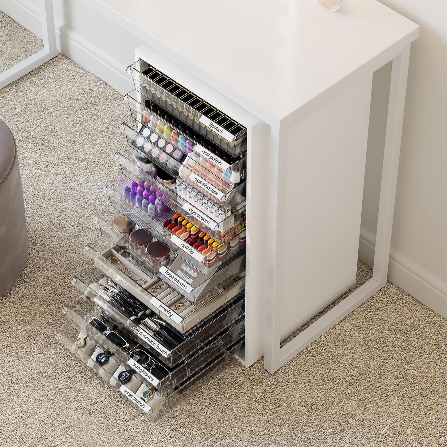 WOPITUES Storage Drawer Cart, Mobile Storage Cabinet, Makeup Storage with 10 Large Clear Drawers, Utility Wooden Rolling Cart on Wheels, for Cosmetic, Art Craft, Office Supplies, Toy, White