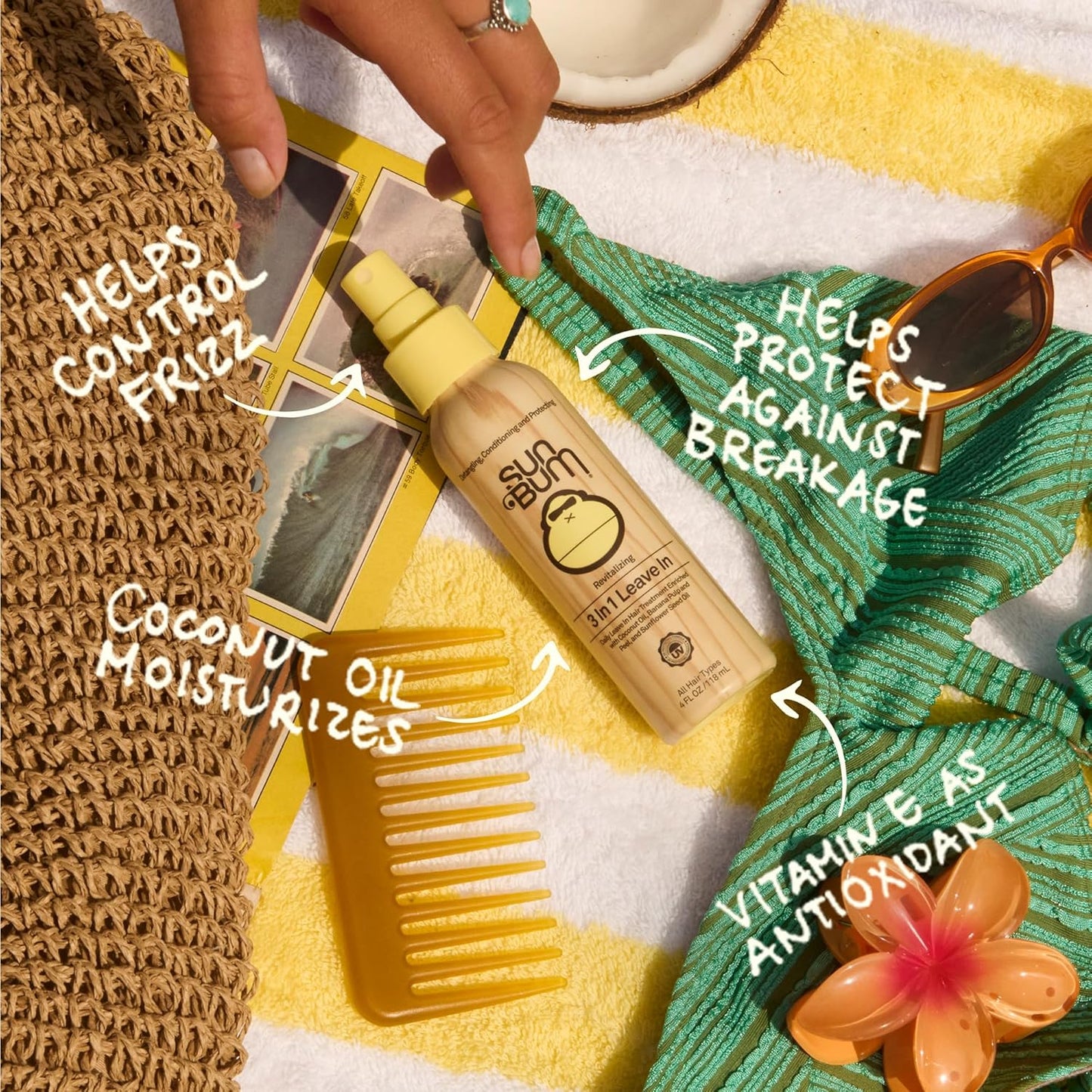 Sun Bum Revitalizing 3 in 1 Leave In Conditioner - Anti Frizz Detangler - Color Friendly with UV Protection - Enriched with Coconut Oil and Banana - 4 oz | Revitalizing, 3 in 1, Leave In Conditioner, Banana