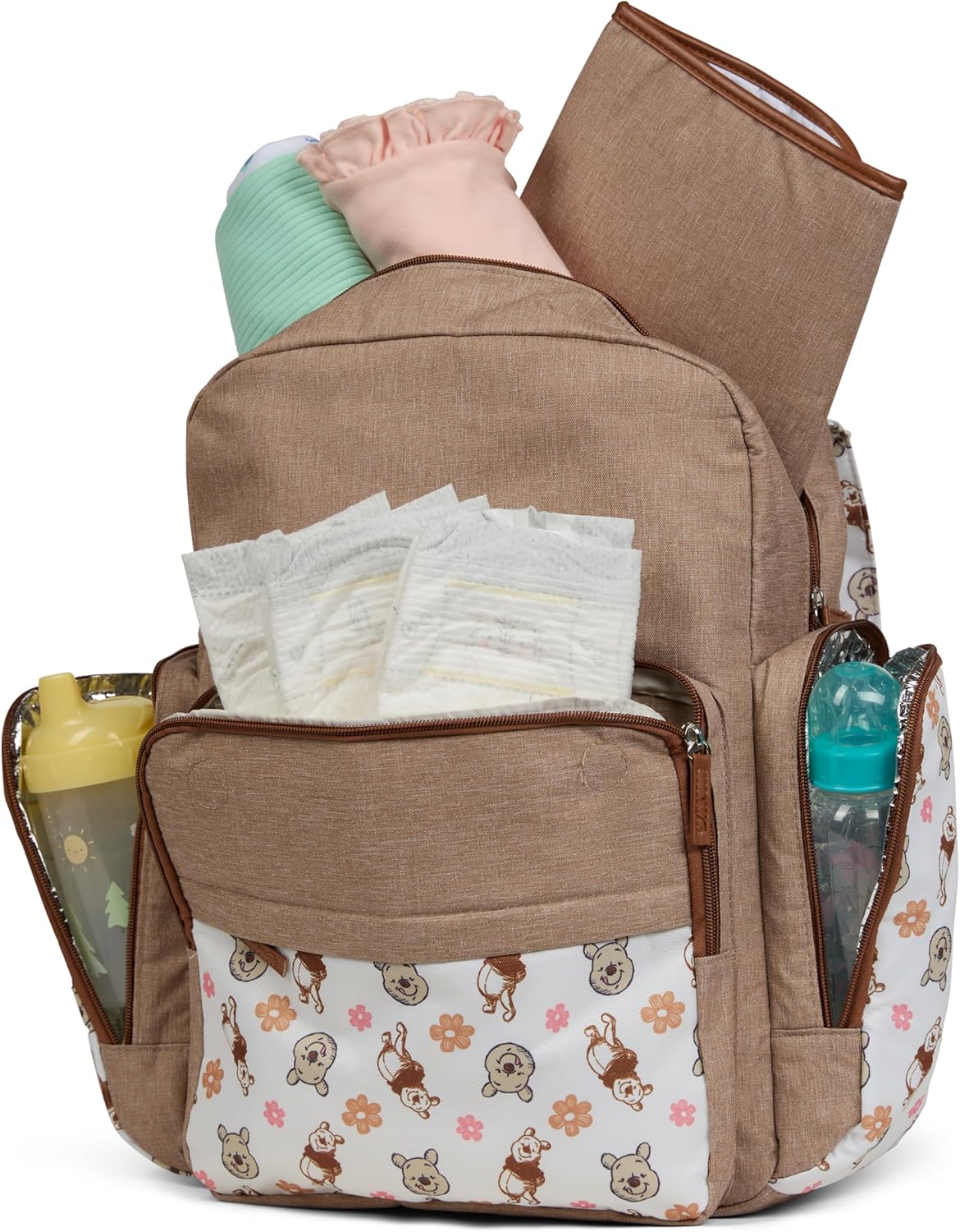 Disney Diaper Bag Backpack with Changing Pad Winnie the Pooh – 16” Nylon Baby Bag for Parents, Insulated Bottle Holders, Multiple Storage Pockets