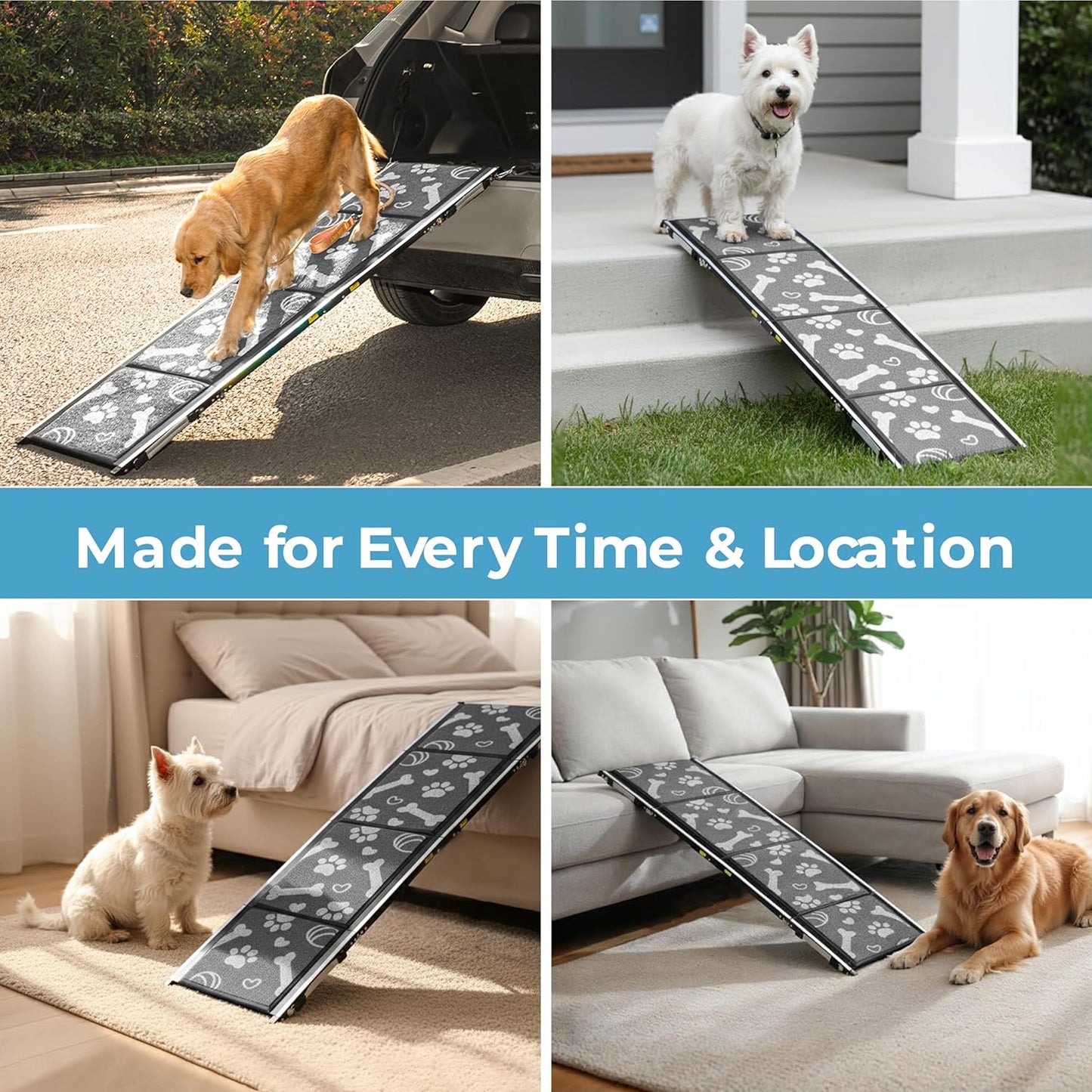 Dog Ramp for Car, SUV & Truck, 71" Long x 20" Wide, Extra Side-Strap Stability System, Non-Slip Quad-Fold Pet Ramp for Large Dogs, 250 lb Capacity (Paw Print Design)