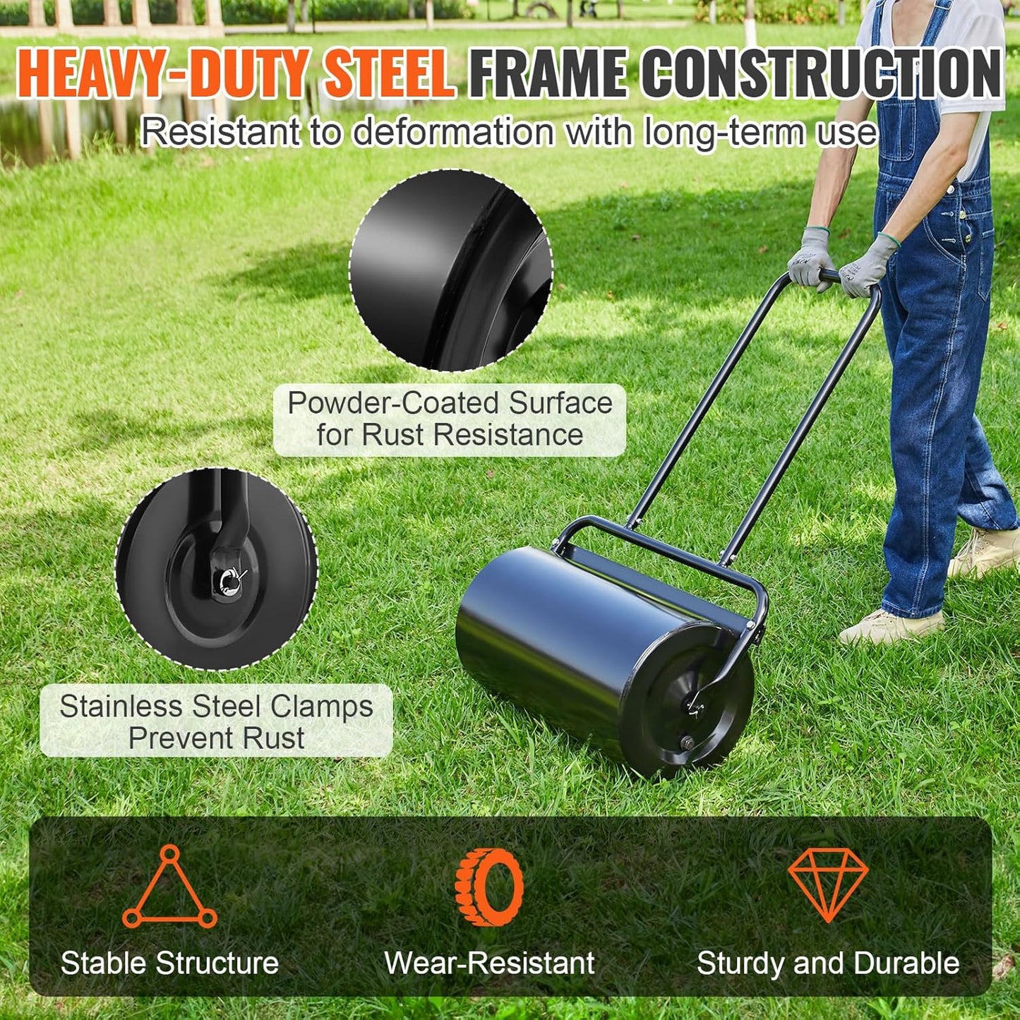 VEVOR Lawn Roller 13 Gallon Large Capacity Sand/Water Filled, Heavy Duty Steel Material, with Easy-Turn Plug and U-Shaped Ergonomic Handle for Convenient Push and Pull, for Garden, Farm, Park, Black