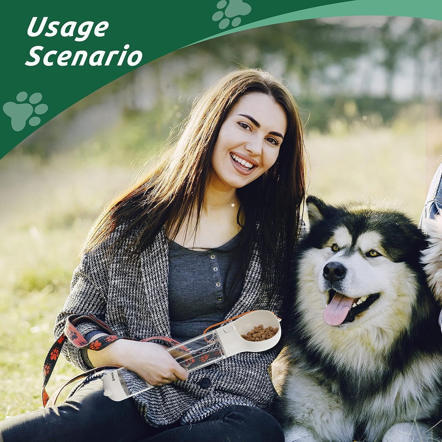 Dog Travel Water Bottle and Food Dispenser- Portable Travel Dispenser with Leak-Proof Bowl with Poop Bag- Outdoor Pet Water Bottle for Walking, Hiking, and Traveling - Length: 12.6"