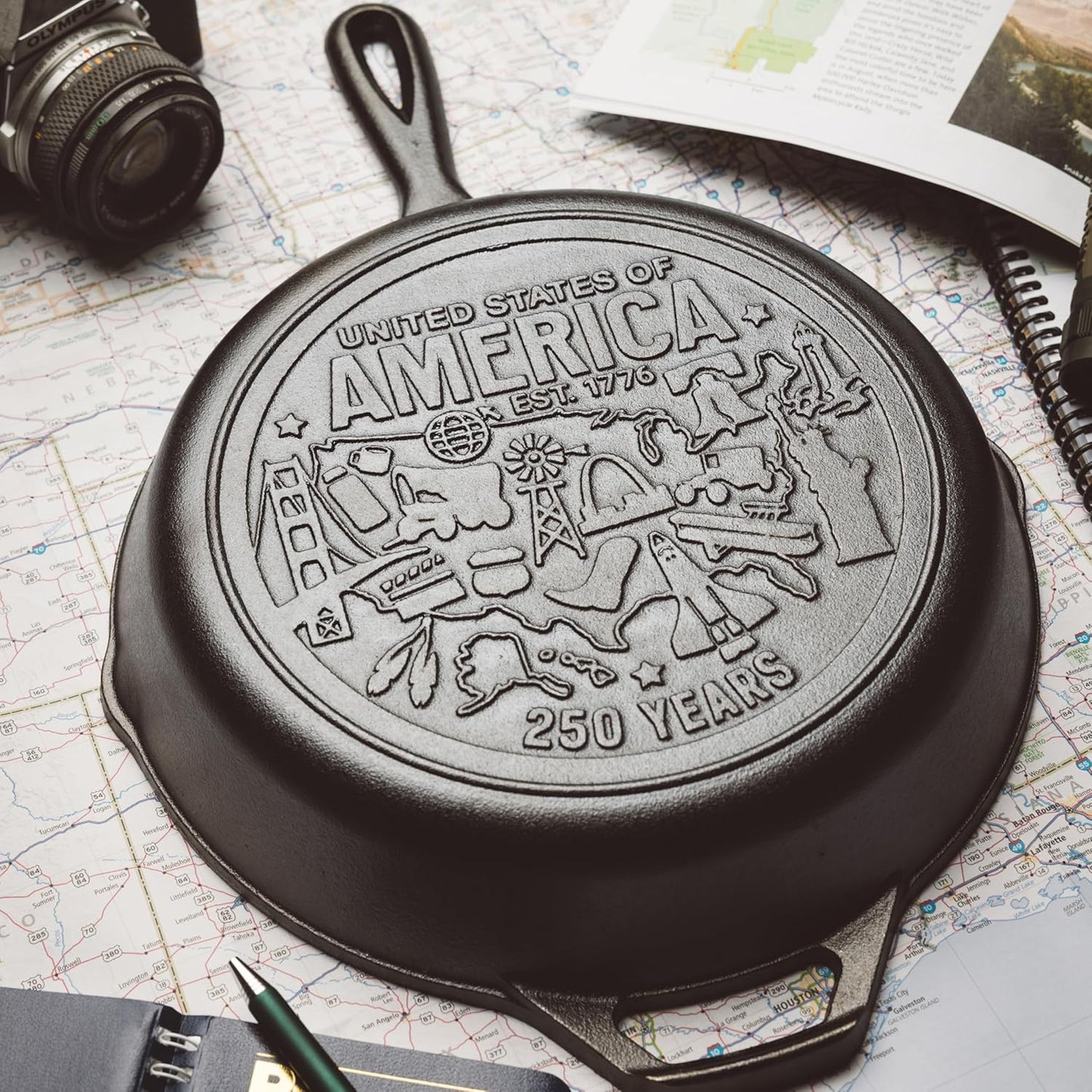 Lodge 10.25 Inch Cast Iron Skillet – Pre-Seasoned Frying Pan with Teardrop Handle – Oven, Stovetop, Grill & Campfire Use – Made in USA – Non-Toxic, Even-Heating Cookware – 250th Anniversary Logo