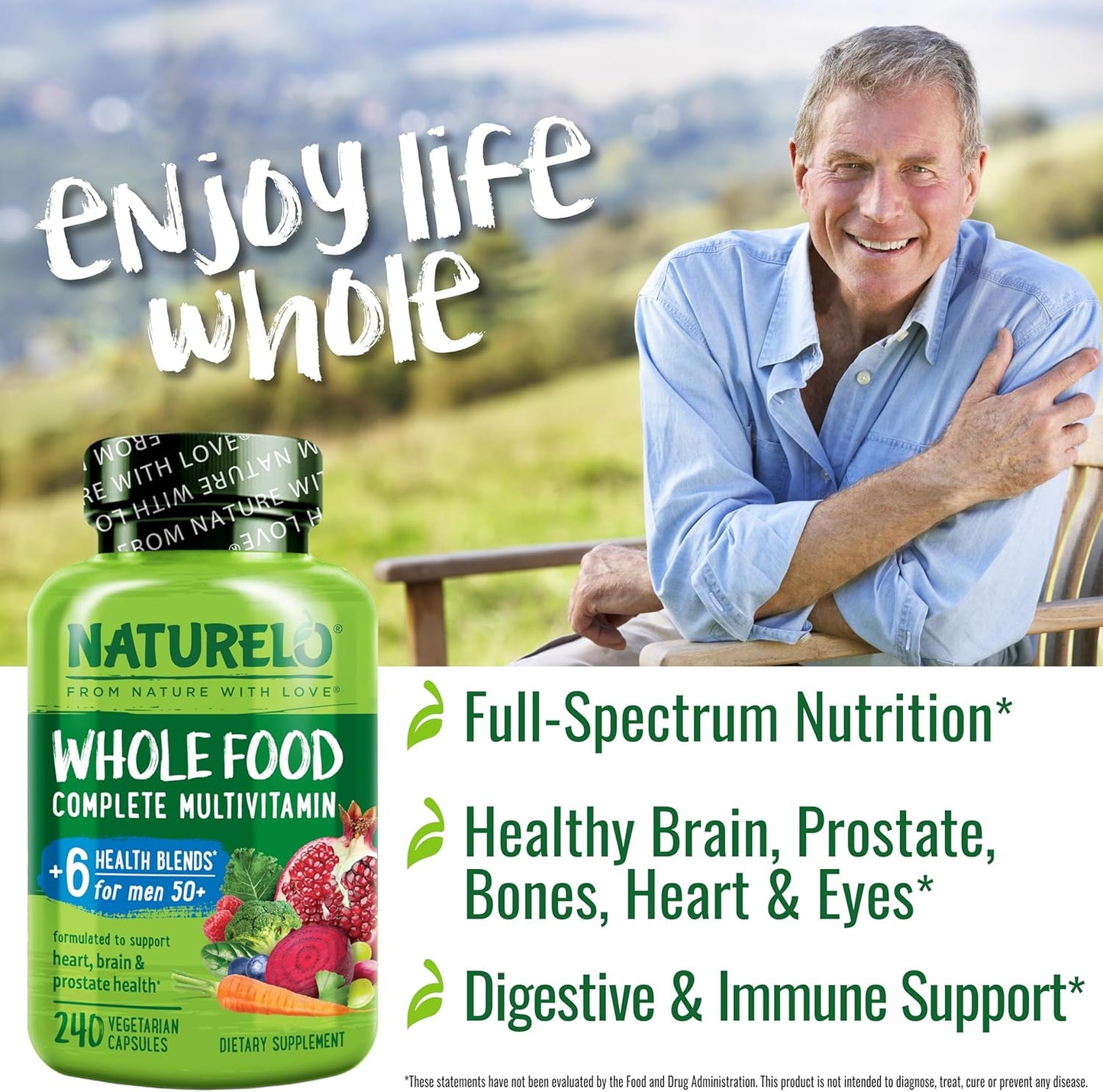 NATURELO Whole Food Multivitamin for Men 50+ - with Vitamins, Minerals, Organic Herbal Extracts - Vegan Vegetarian - for Energy, Brain, Heart and Eye Health - 240 Capsules