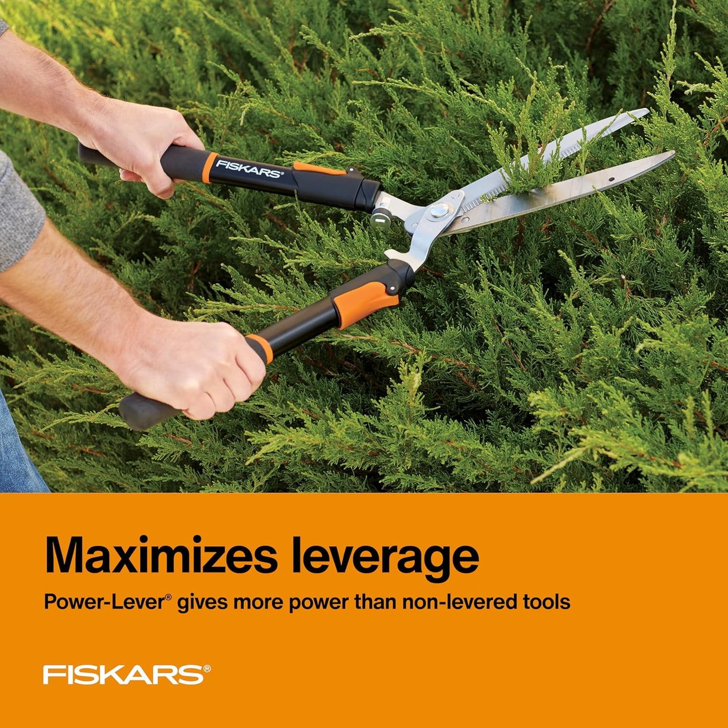Fiskars Power-Lever Extendable Hedge Shears, Self-Sharpening Serrated Steel Blades for Clean Cuts, Handles Adjust 25"-33" for High Reach, Multiplies Leverage for 2x Power, 10" Blades, Orange/Black