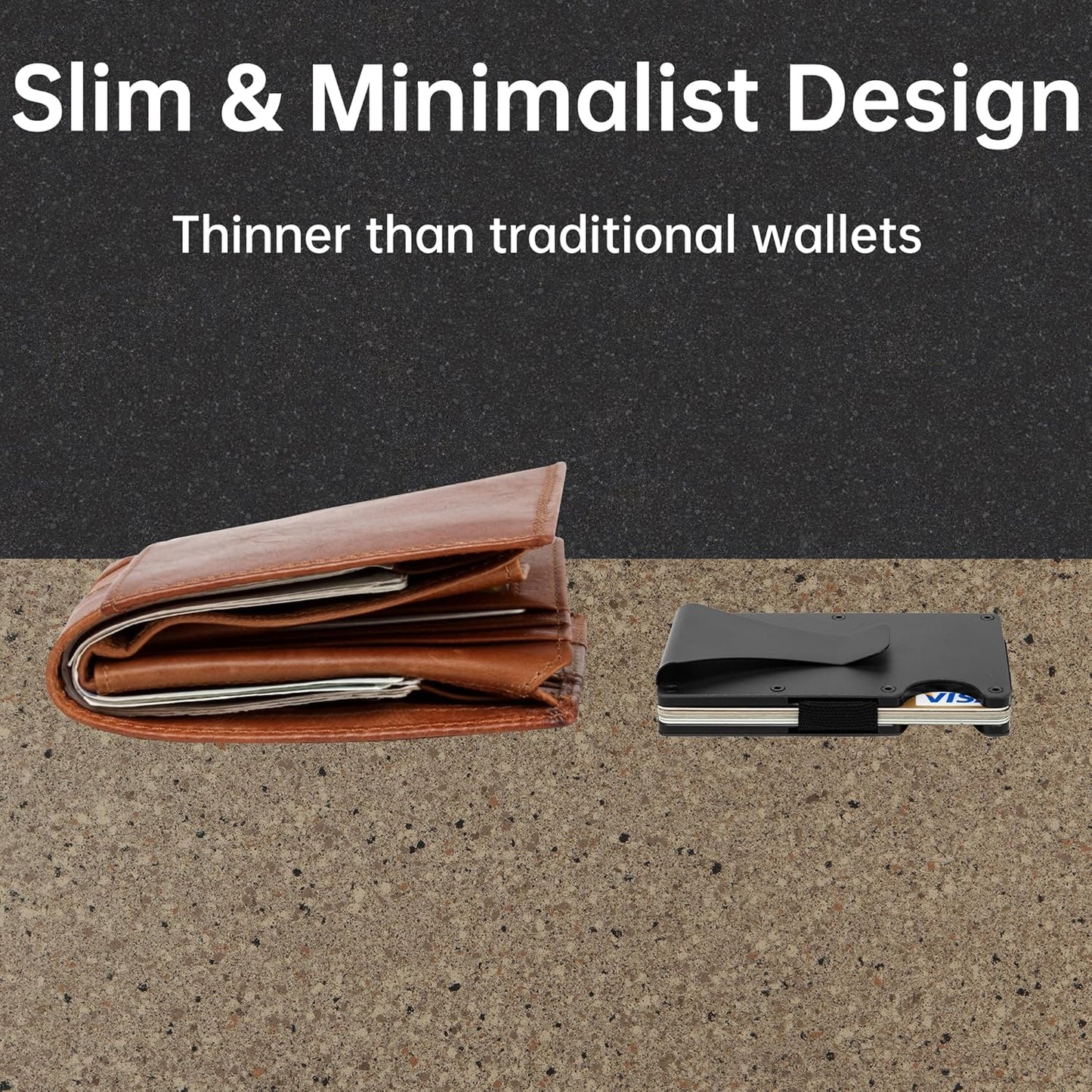 Wallet for Men, Slim Minimalist Carbon Fiber Wallet with Metal Money Clip/Cash Strap, RFID Blocking Aluminum Card Holder,Matte Black