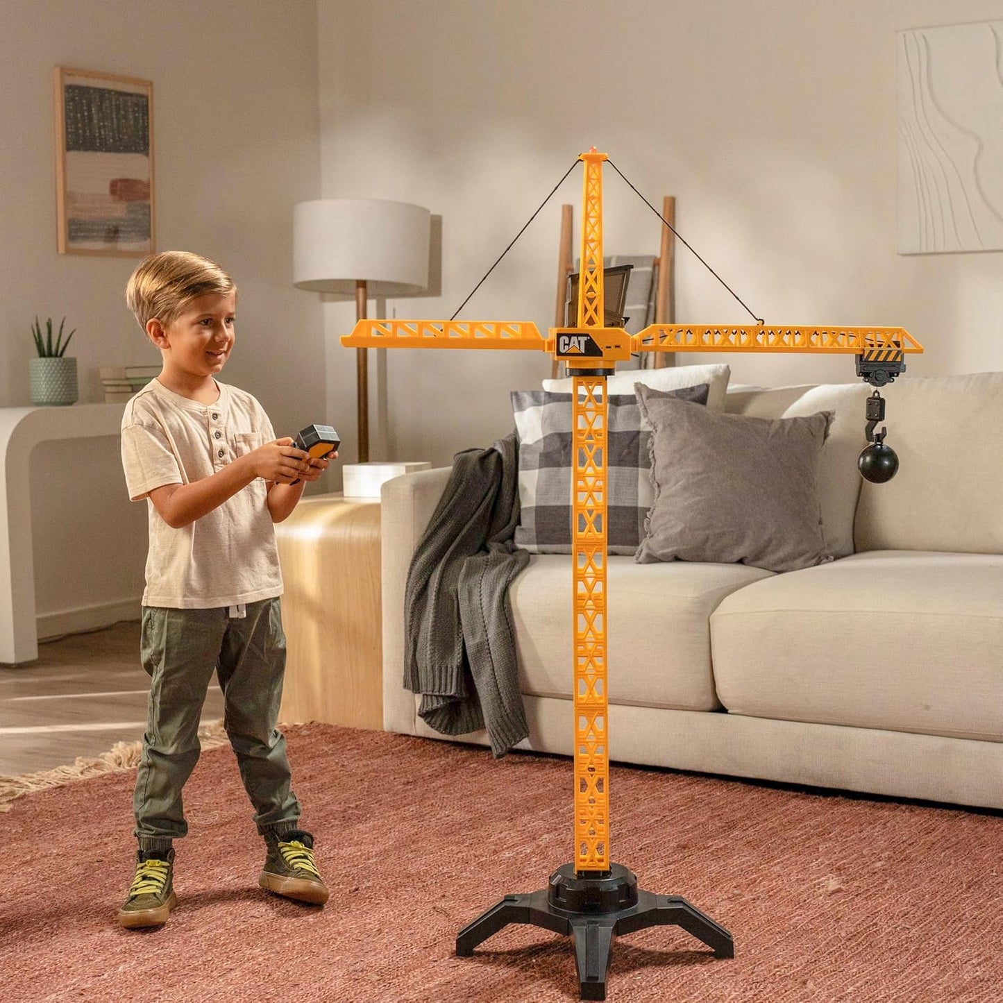Cat Construction Workforce Jumbo Tower Crane Set, 50-Inch RC Crane Toy with 360-Degree Rotation, Hook and Wrecking Ball, Light, Skid Steer and 4" Figure, USB Rechargeable, Ages 5+