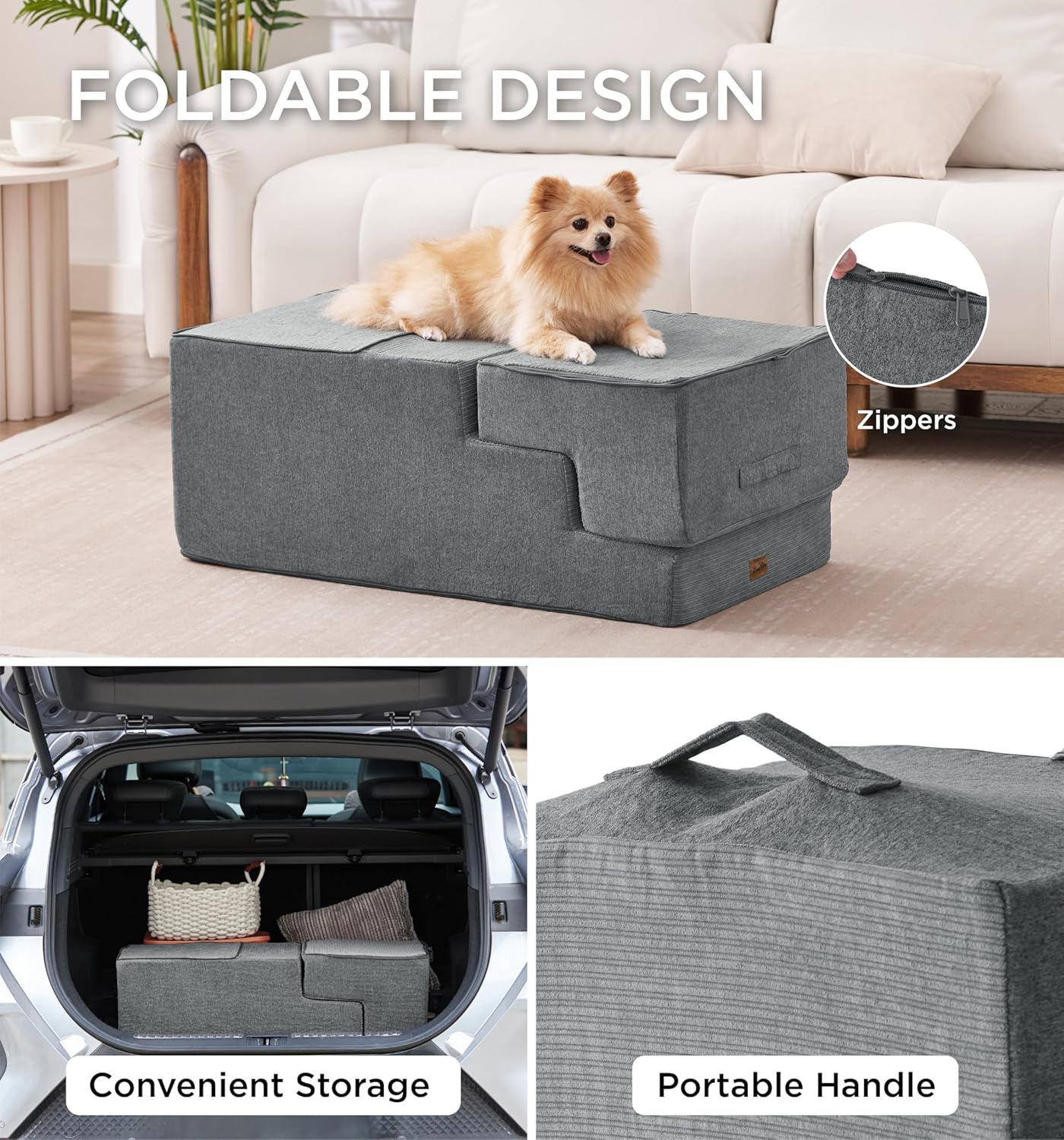 Made4Pets Dog Steps for Bed, Extra Wide Dog Stairs for High Bed Couch Sofa, 35D Foam Pet Steps for Small Dogs and Cats(Up to 40lbs), Non-Slip Bottom Pet Stairs, Grey, 4 Steps