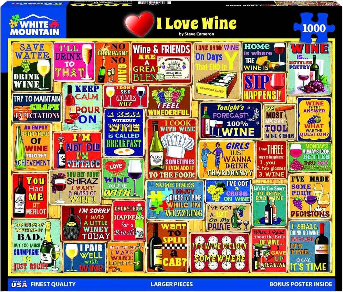 White Mountain 1000 Piece Jigsaw Puzzle Funny Wine Sayings Collage Puzzles with Large Pieces for Adults and Family 24"x30" - I Love Wine