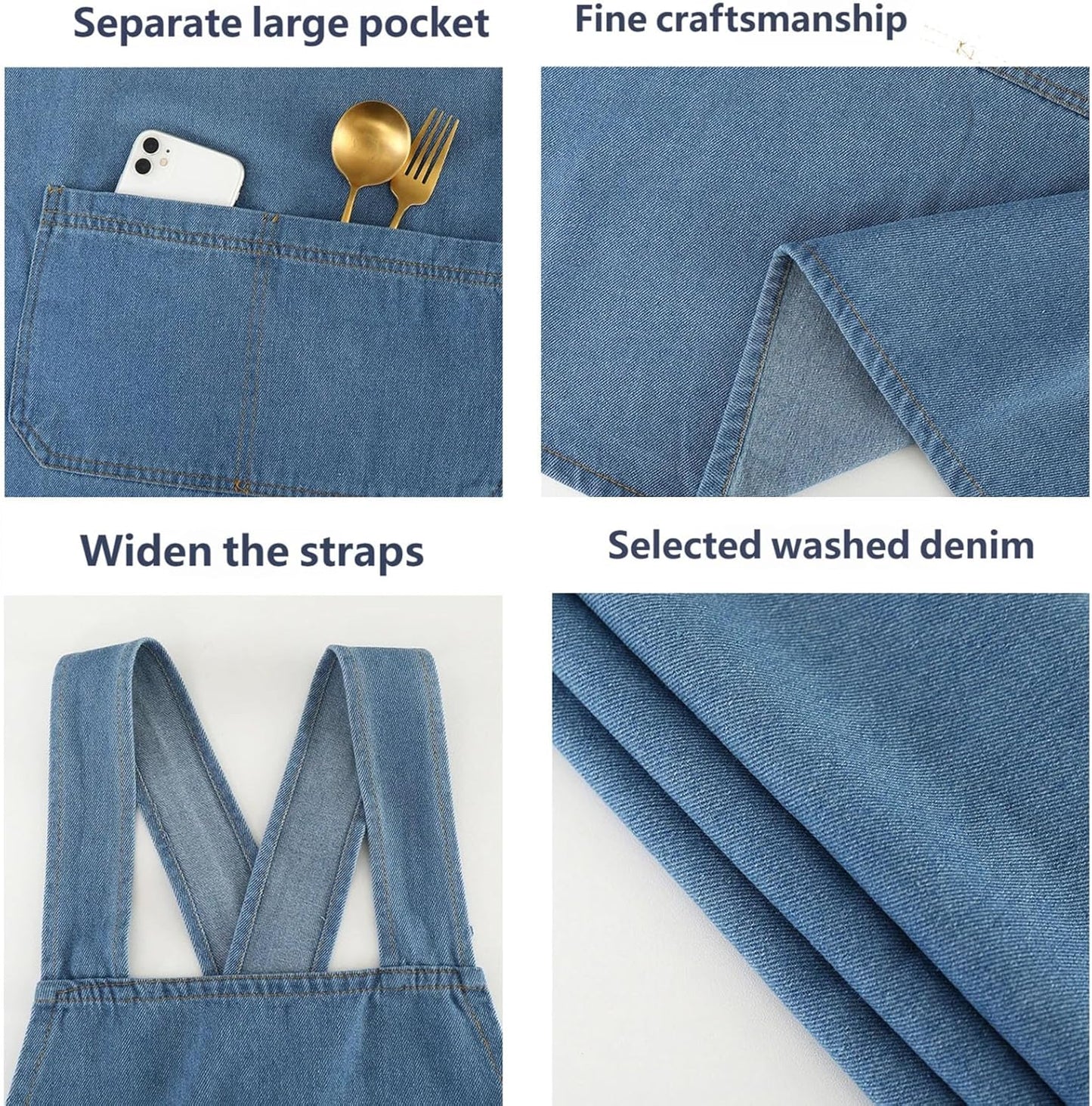 Adult Jour Apron, Lightweight Cotton Apron with Front Pocket, Denim Cross Back Aprons, Durable & Stain-Resistant