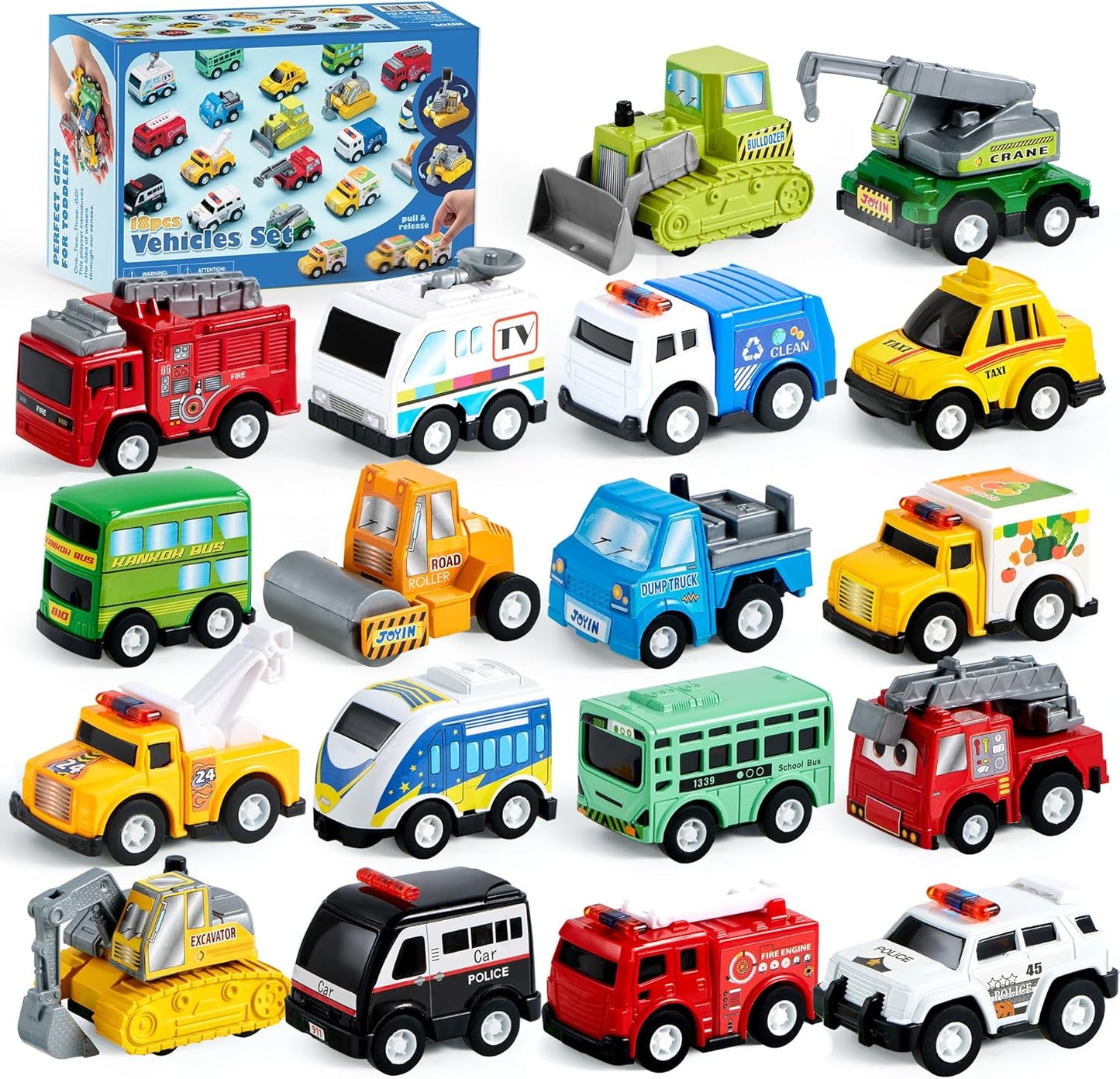 JOYIN 18 Pcs Pull Back City Cars and Trucks Toy Vehicles Set, Friction Powered Cars Toys for Toddlers, Easter Basket Stuffers, Party Favors for Kids 3-5, Gifts for Boys and Girls, Easter Egg Fillers